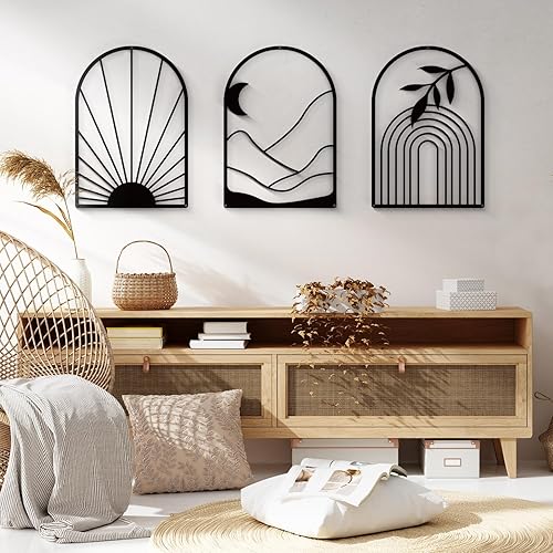 Sokurdeg Decoración de pared de metal bohemio con línea minimalista negra, arte bohemio para colgar en la pared para dormitorio, baño, sala de estar
