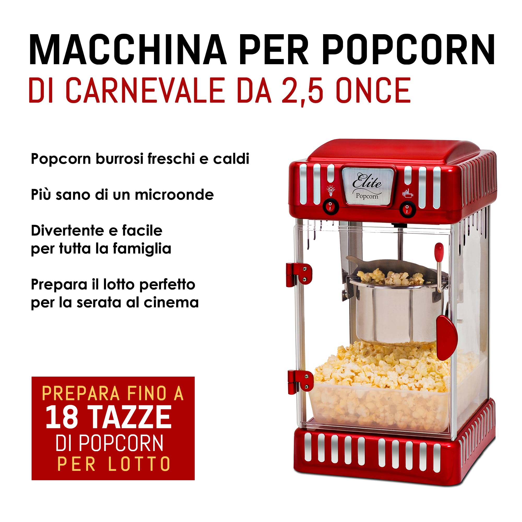 Elite Gourmet, Macchina per popcorn da tavolo EPM-250#, in classico stile retrò, 70,9 g, per popcorn al burro caldi come al cinema, rosso