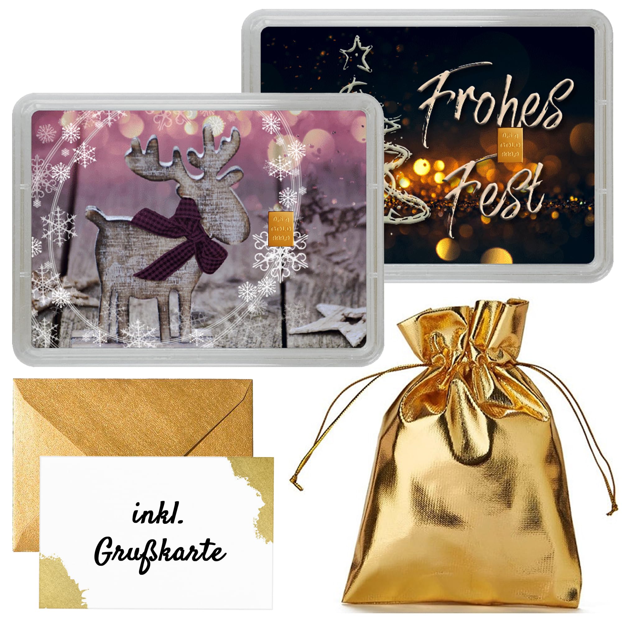 Goldstücke24 0,5 g Goldbarren 999,9 in Motivbox „Frohes Fest“ | ESG/Valcambi Gold | Echtheitsgarantie | Geschenk Weihnachten mit Wackelbild & goldenem Geschenkbeutel