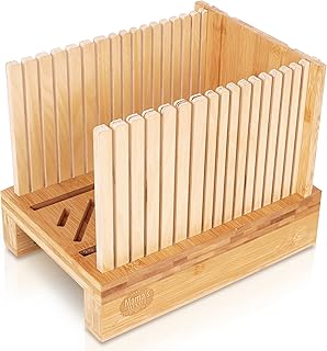 Mama's Great 2023 Updated Bamboo Bread Slicer for Homemade Bread - Adjustable Slicing Guides, Ecofriendly, Compact & Foldable for Easy Bagel & Bread Cutting. Model 2 with Grooved Stop Board
