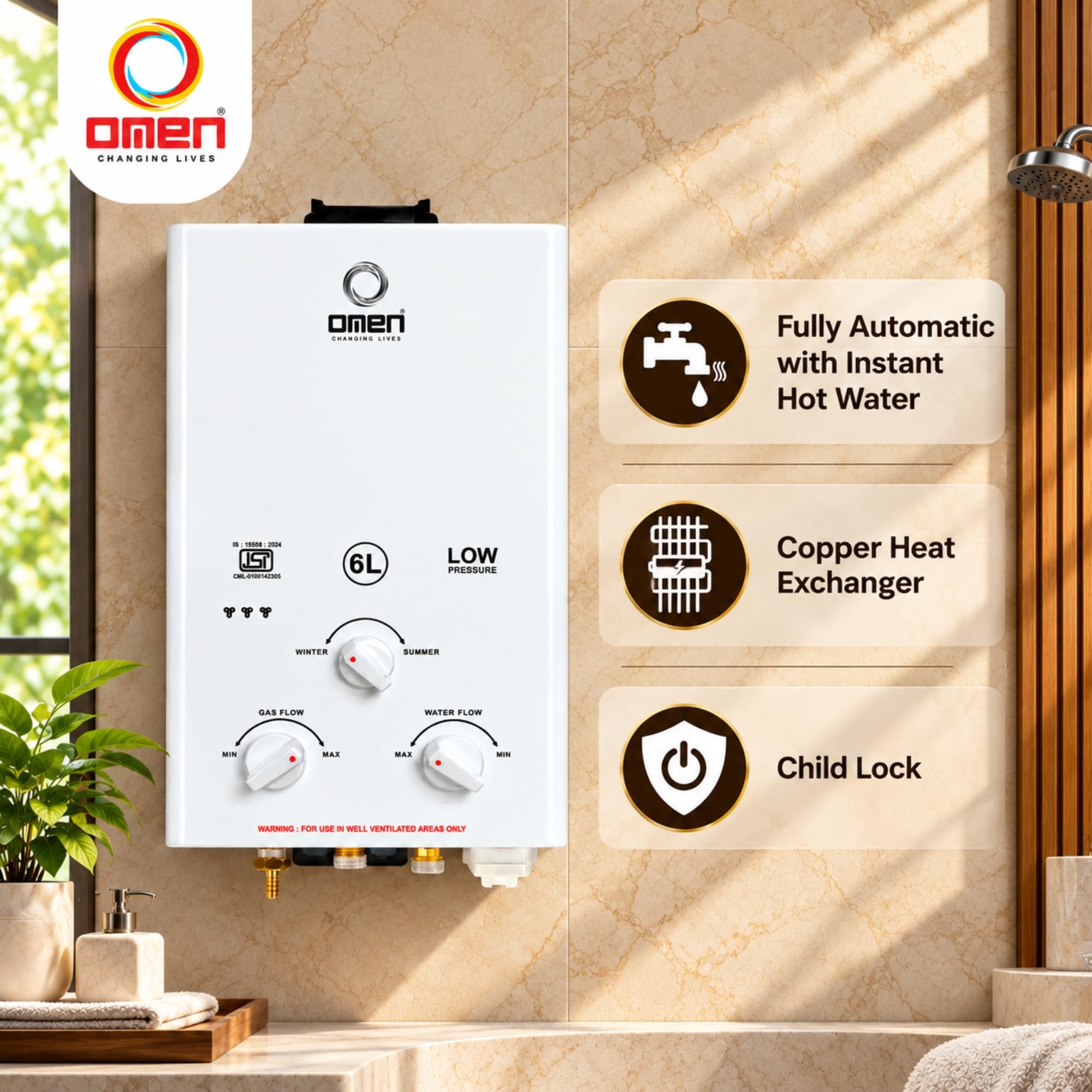 Omen 6L LPG Gas Geyser - Instant Hot Water -4
