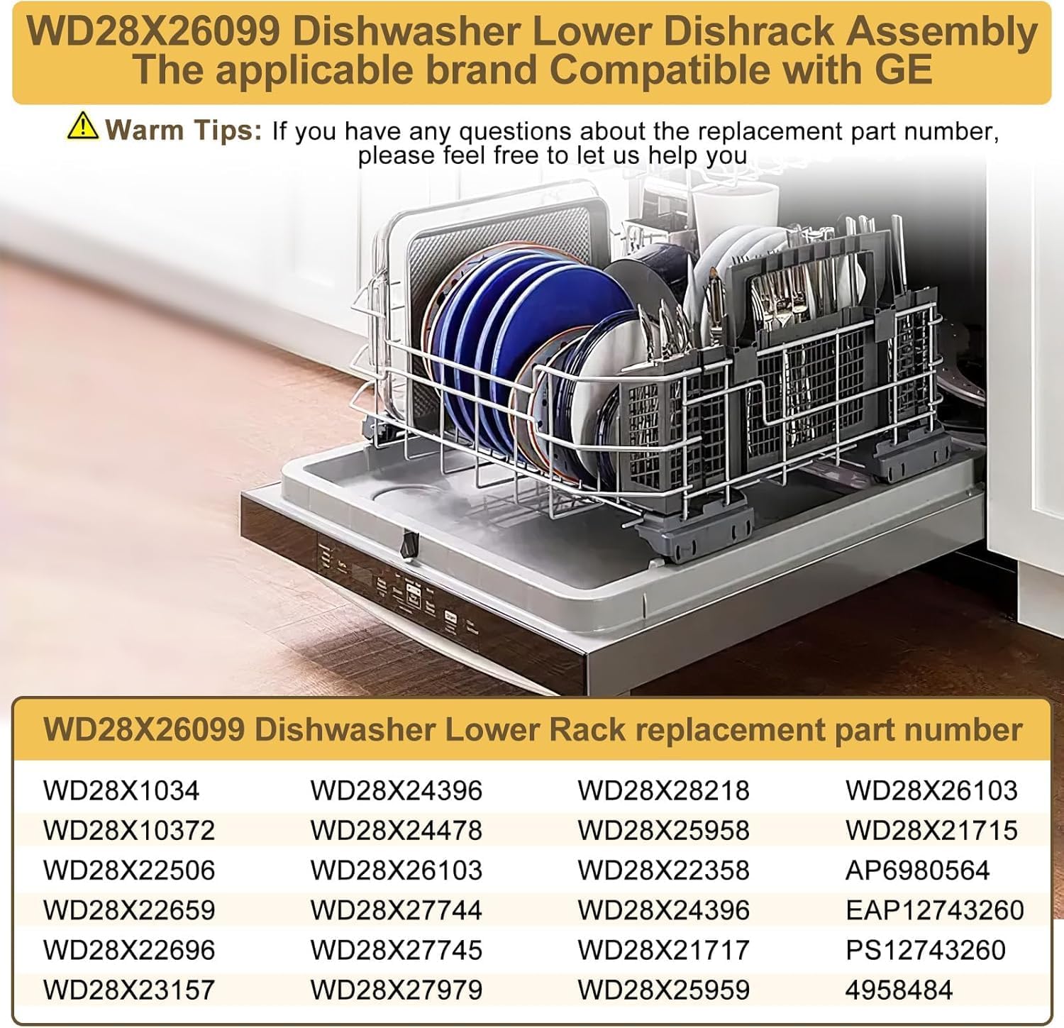 UPGRADED WD28X26099 WD28x24396 Dishwasher Lower Rack Replacement Compatible with GE Dishwasher Rack Parts with WD28X10128 Dishwasher Silverware Basket & WD28X27241 Dishwasher Rack Roller Kit