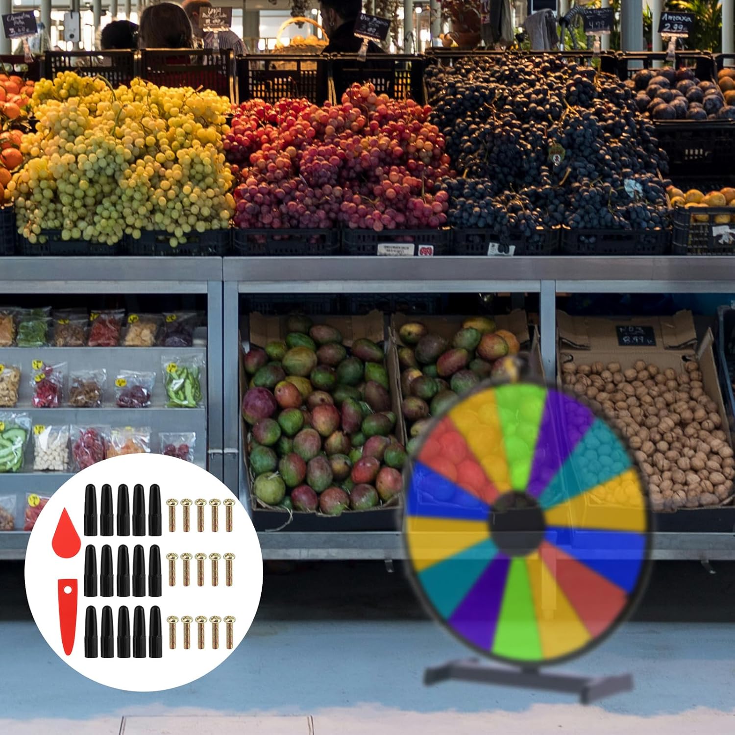 Spinning Wheel Replacement Kit, Includes 15 Prize Spinning Wheel Pegs 15 Screws and 2 Red Pointers Spin Spinner Accessories Suitable for Party Carnival Club Bar Trade