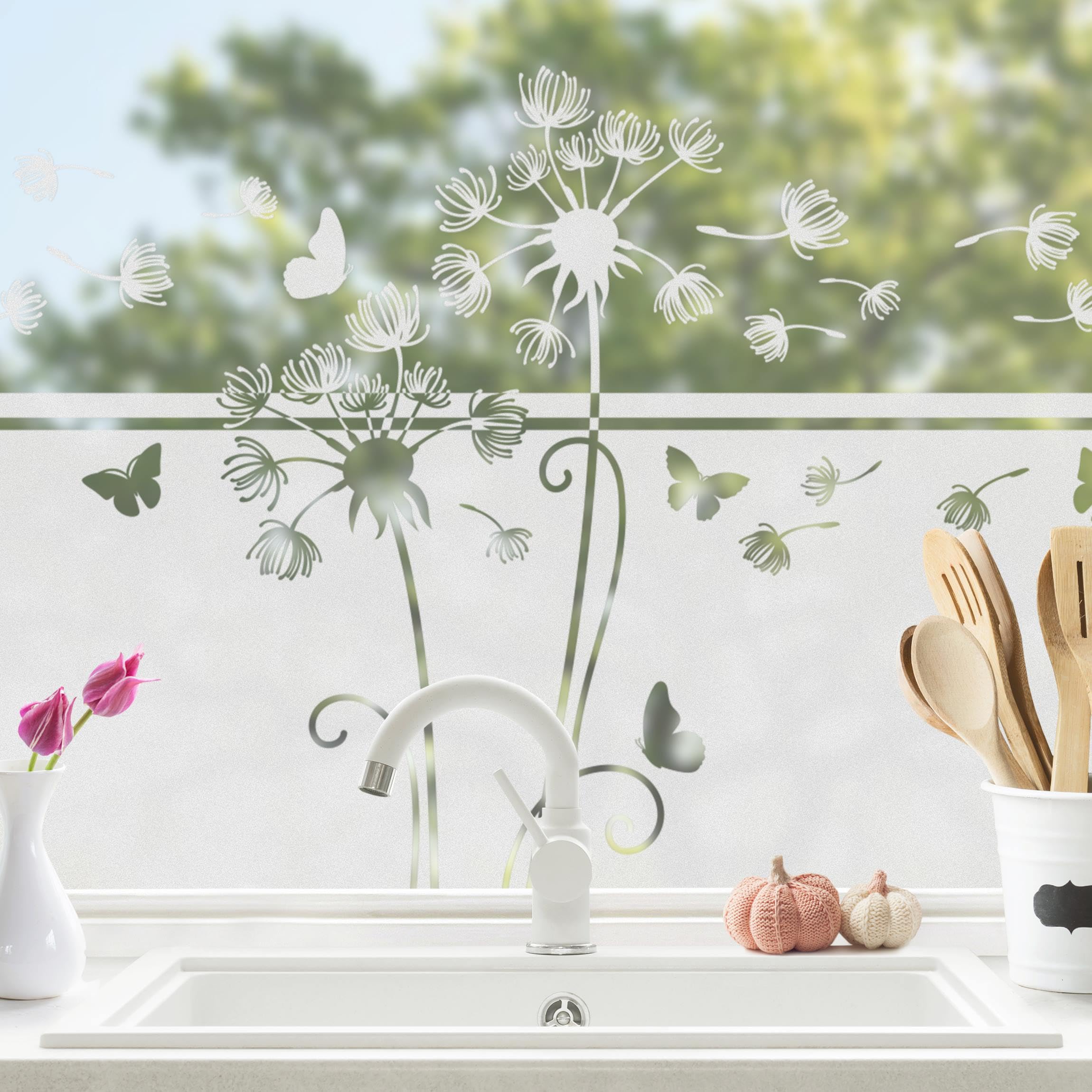 Fensterfolie statisch haftend Blumen Sichtschutz Milchglas - Made in Germany - Pusteblume Modern Blickdicht Scheibe Innen Weiss Schlafzimmer Wohnzimmer Küche Glas 1541 (80x120cm)