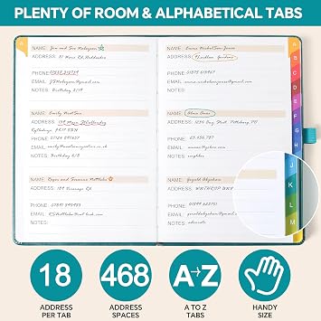 ZXHQ Address Book with Colorful Alphabetical Tabs (8.4 x 5.8) - Address Books for Seniors Hardcover Telephone and Contact Organizer, with Space for Important Website Passwords - Dark Green