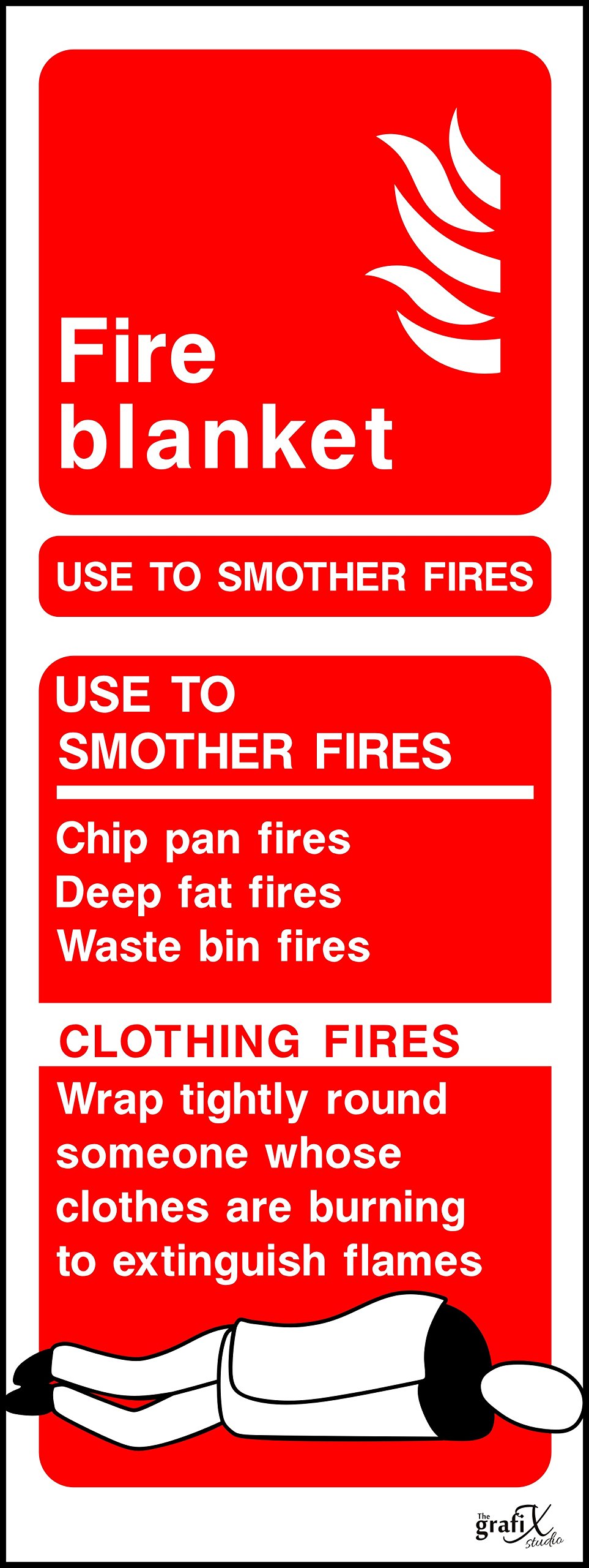 The Grafix Studio Black Fire Blanket Fire Extinguisher Safety Signs Self Adhesive Vinyl Sticker 200Mm X 75Mm Feqp0059