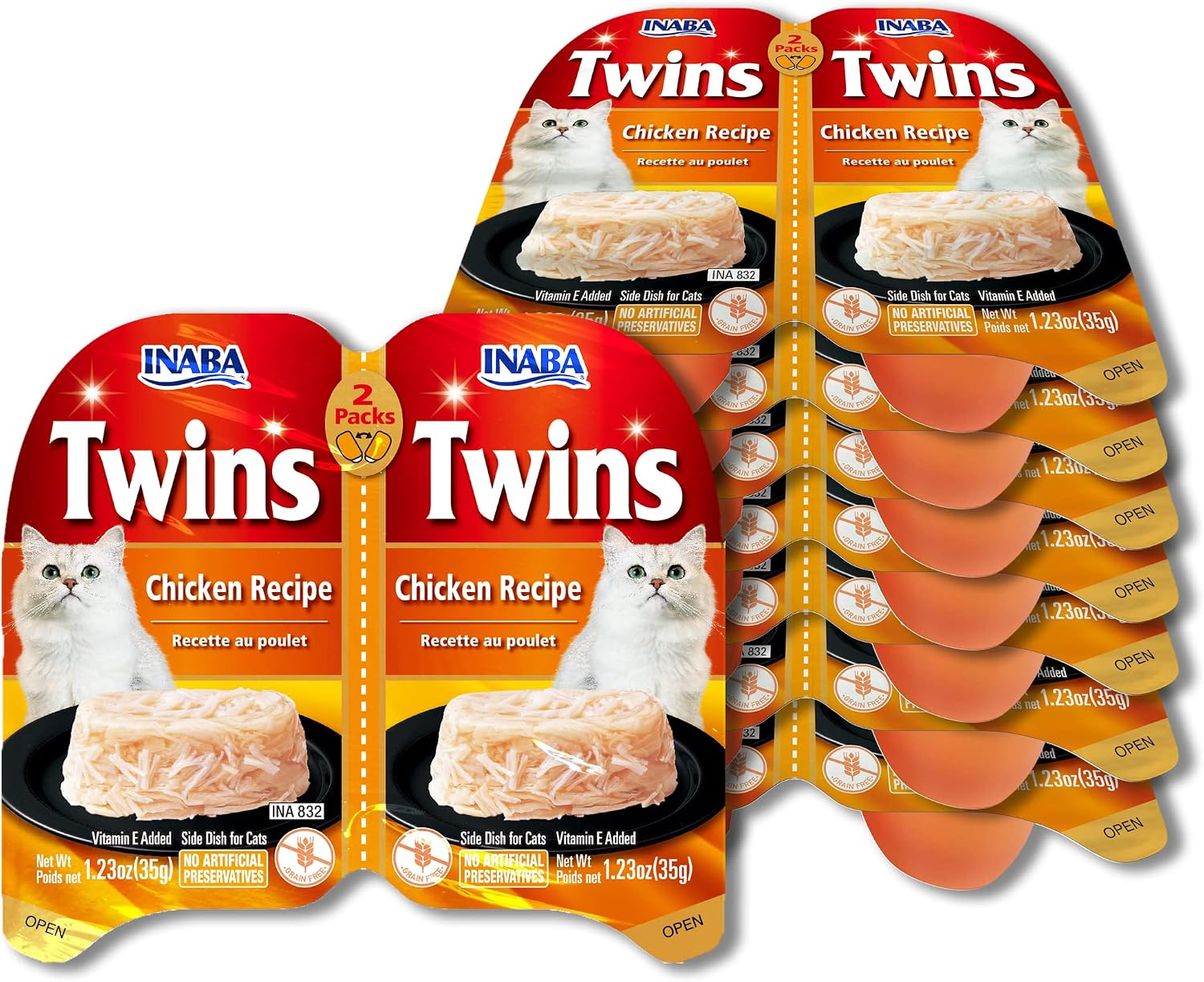 INABA Twins for Cats, Grain-Free Shredded Chicken & Broth Gelée Side Dish/Complement/Topper Cups, 1.23 Ounces per Serving, 19.68 Ounces Total (16 Servings), Chicken Recipe