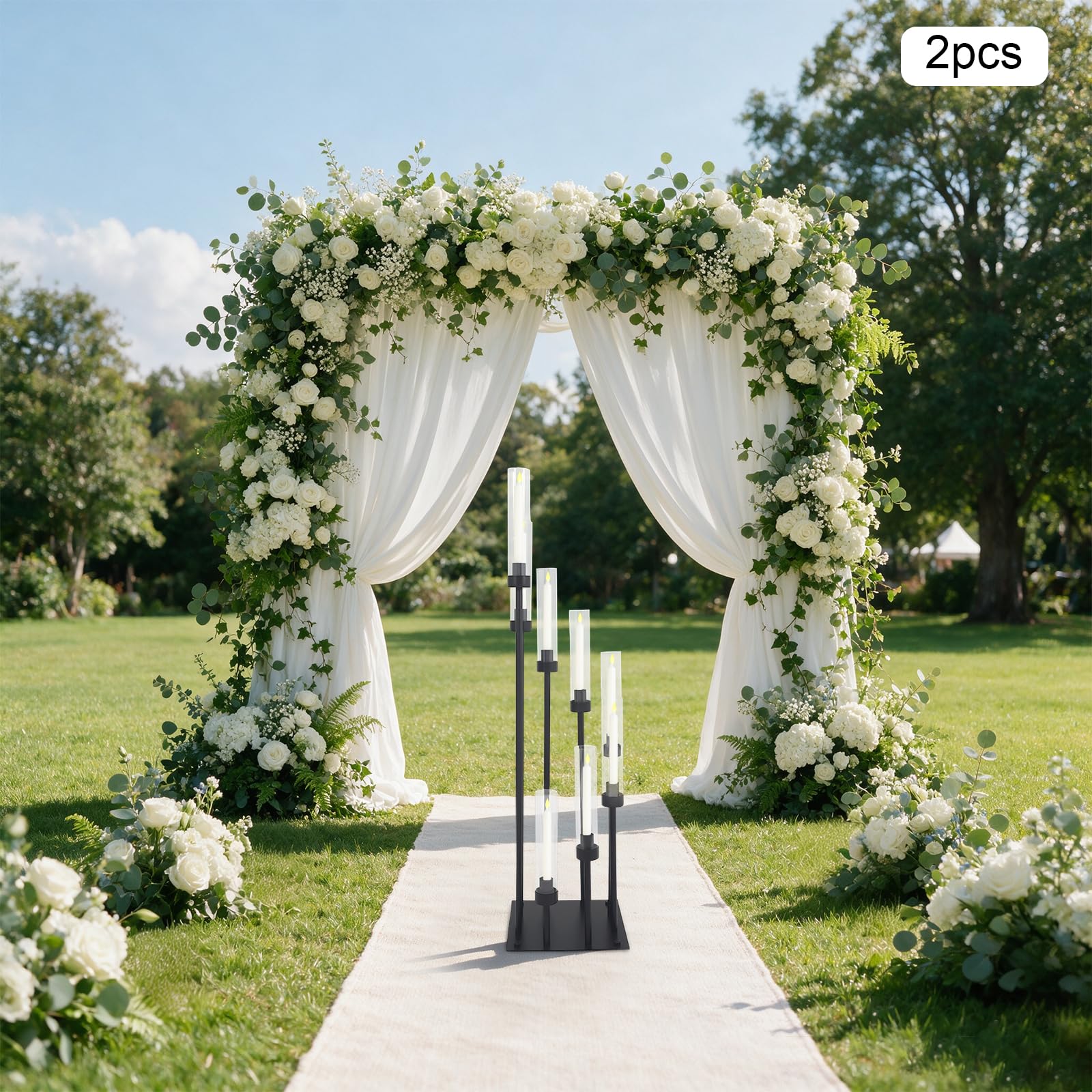 8 Arm Kerzenhalter Set Schwarz mit Glas Windschutz Metall Kerzenständer | Elegante Tischdeko mit 2 Größen, stabilem Stand und stimmungsvollem Kerzenlicht für Wohnzimmer, Hochzeit und Feiertage