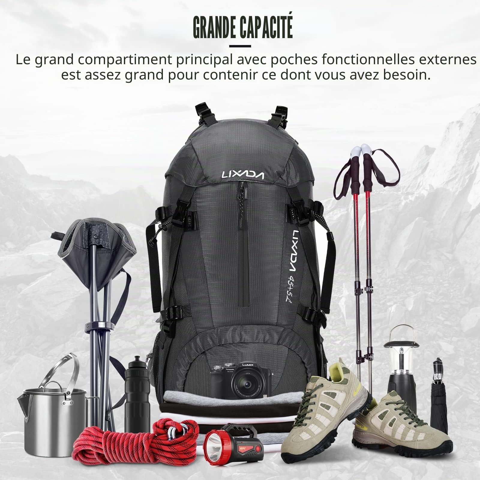 Lixada Sac à Dos de Randonnée, 50L Sac à Dos avec Housse de Protection Imperméable Ultraléger pour Alpinisme Escalade Trekking Sport Voyage Camping