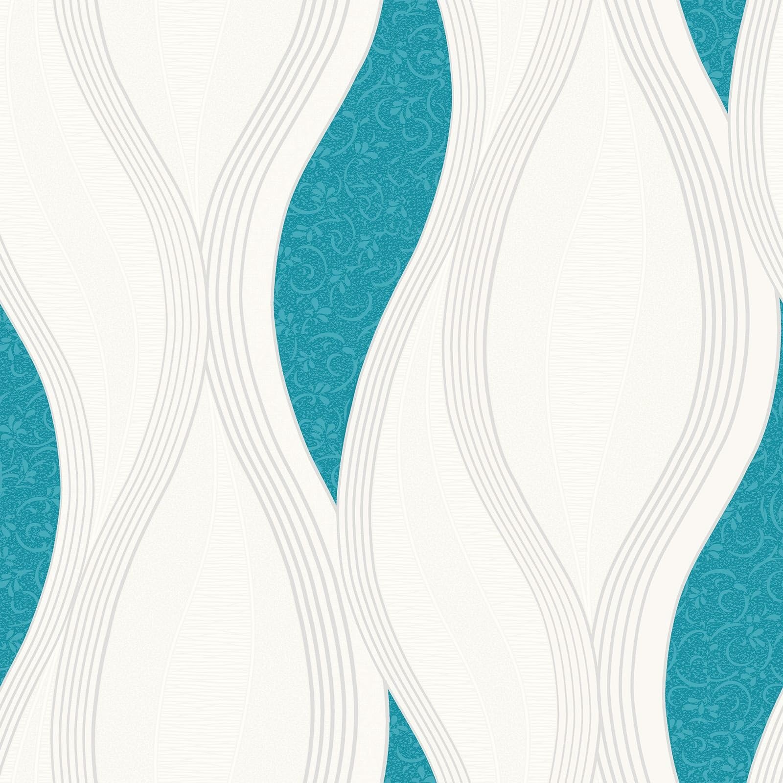 โ World of Wallpaper Wave Embossed Textured Wallpaper โ Glitter and Metallic Highlight โ Modern Living Room, Bedroom, Hallway โ Decorative Luxury โ Turquoise E62001