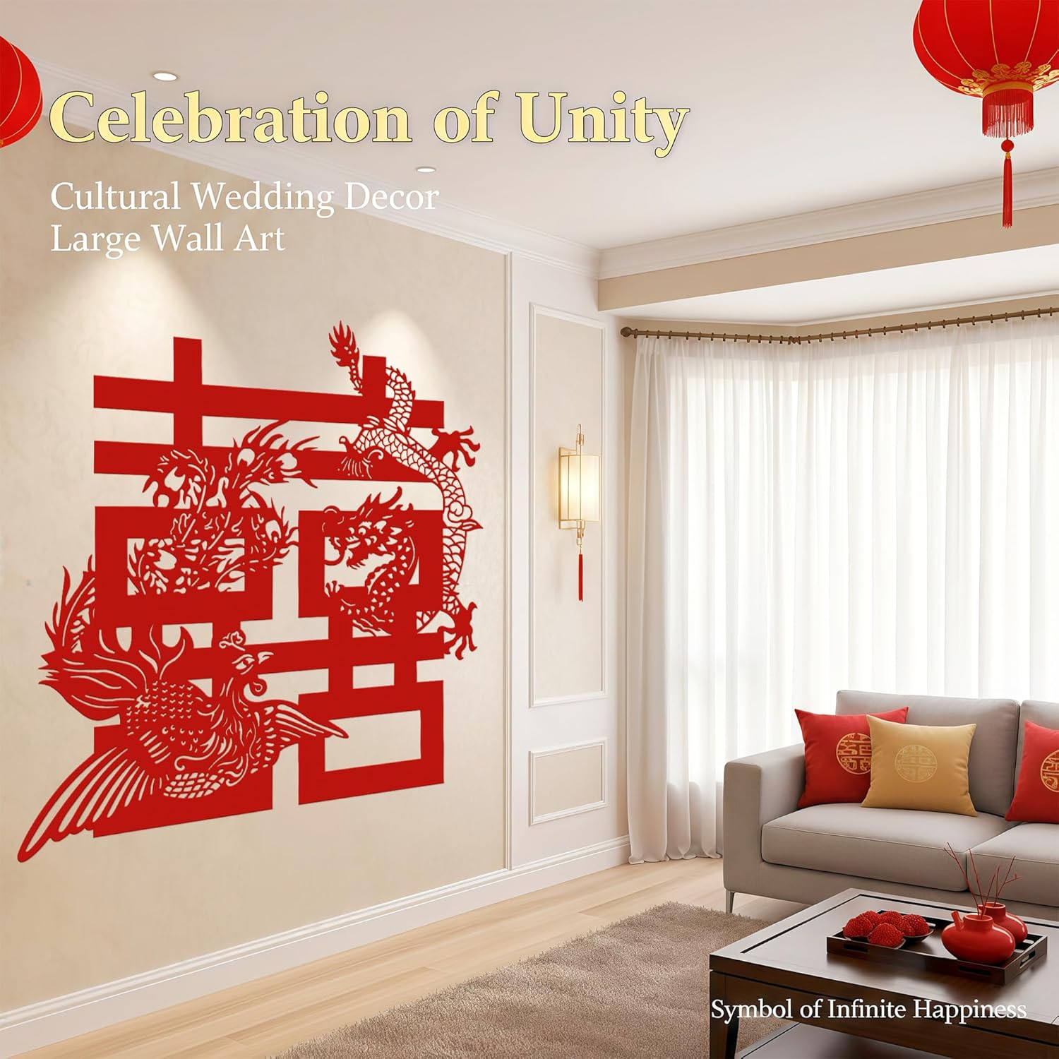 HannaFires 47-Inch Extra Large 'Double Happiness' Wall Decoration - Dragon and phoenix, Special Wedding Party Decorations, Living Room and Bridal Décor, Chinese Wedding, Meaning Infinite Happiness