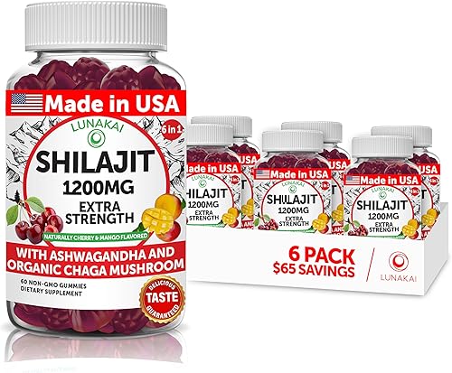 Lunakai Gomitas Shilajit puras hechas en Estados Unidos de 1200 mg con Ashwagandha, Chaga, vitamina C y D3, Shilajit del Himalaya para hombres y