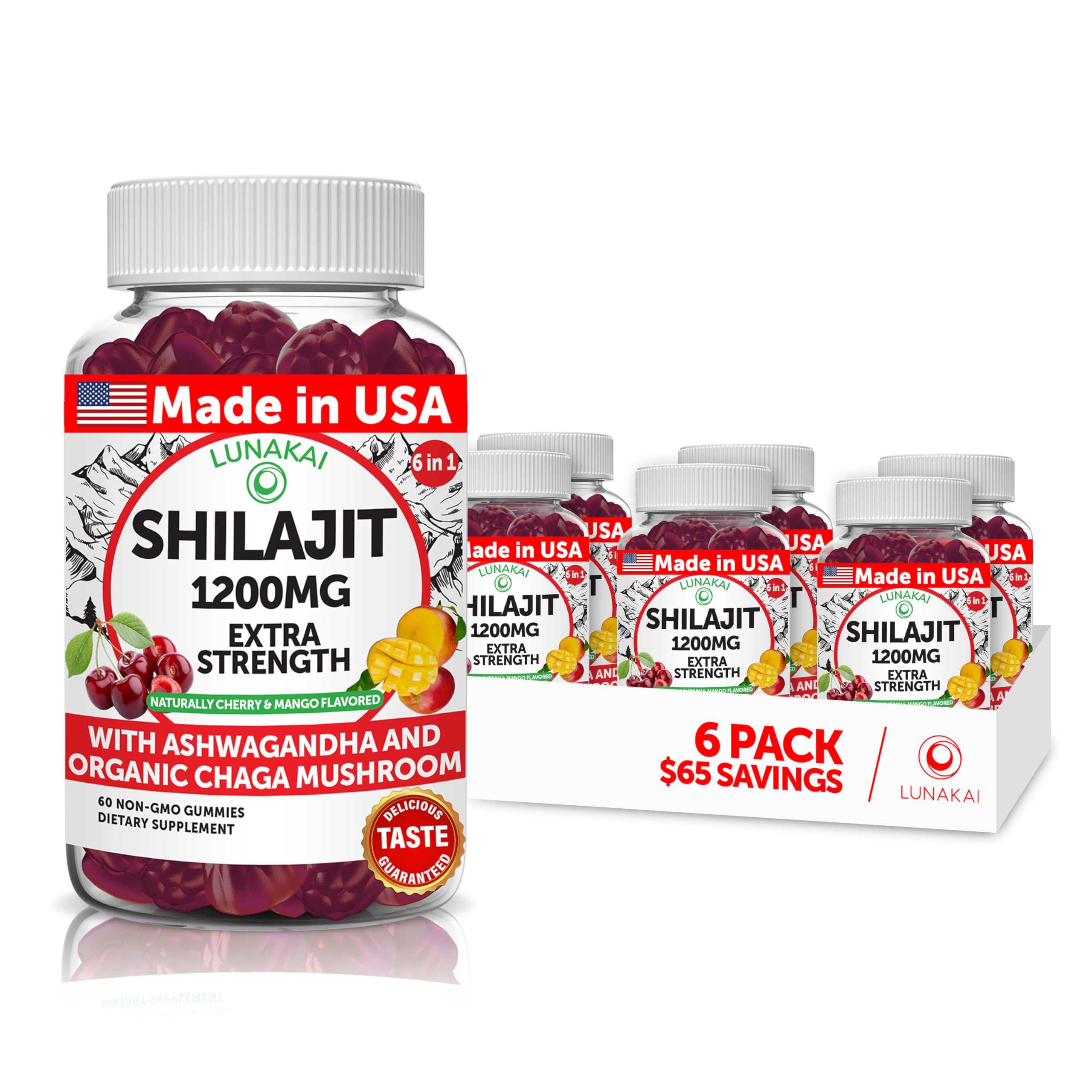 Lunakai USA Made 1200mg Pure Himalayan Shilajit Gummies for Men & Women with Ashwagandha & Chaga – Supplement for Daily Energy & Vitality Support - 6 Pack | Omega-3 Lunakai USA Made 1200mg Pure Himalayan Shilajit Gummies for Men & Women with Ashwagandha & Chaga – Supplement for Daily Energy & Vitality Support - 6 Pack - Omega-3
