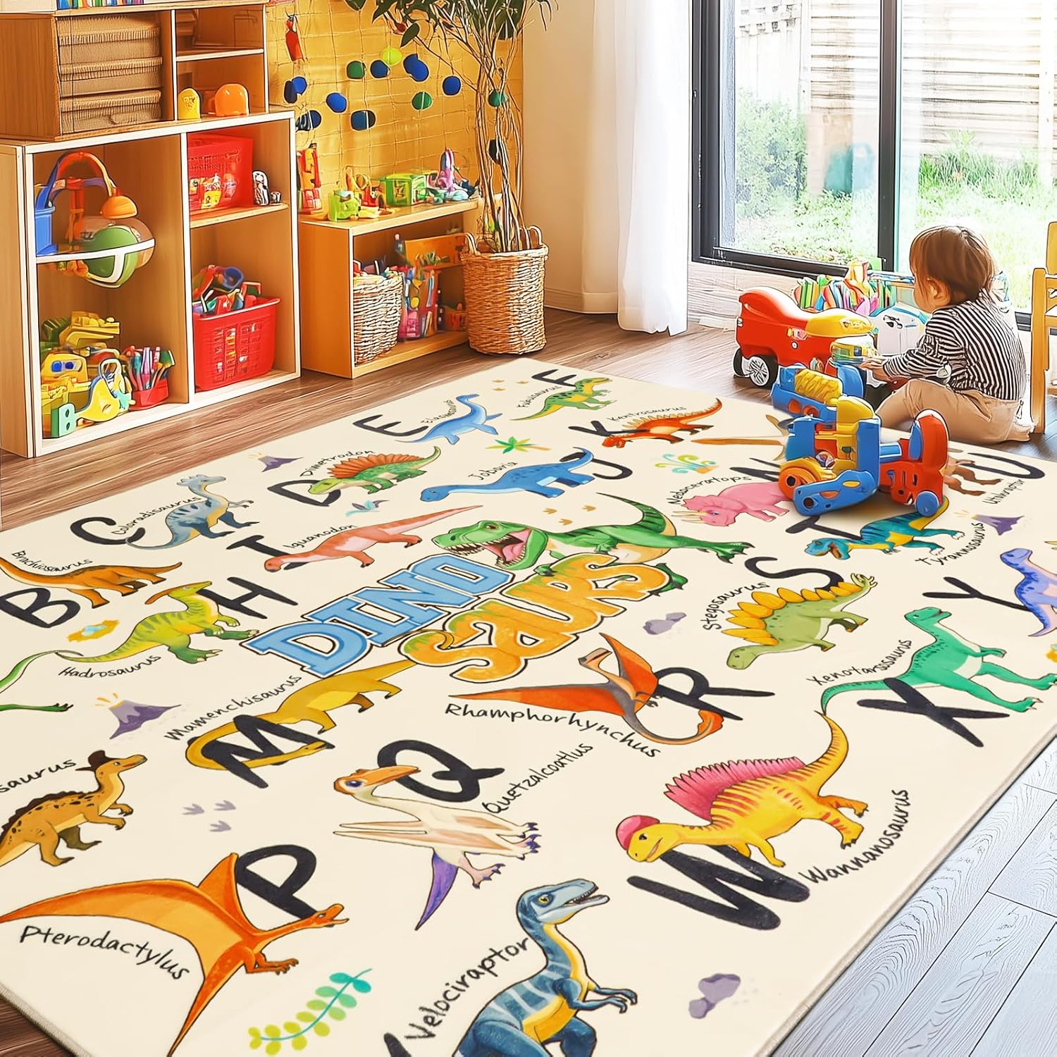 Kids Rugs for Playroom, 7x9 Feet Educational Rug for Learn The ABC Alphabet, Soft Machine Washable Non-Slip Cute Dinosaur Carpet for Classroom Toddler Nursery Kids Room Decor Mat, Beige