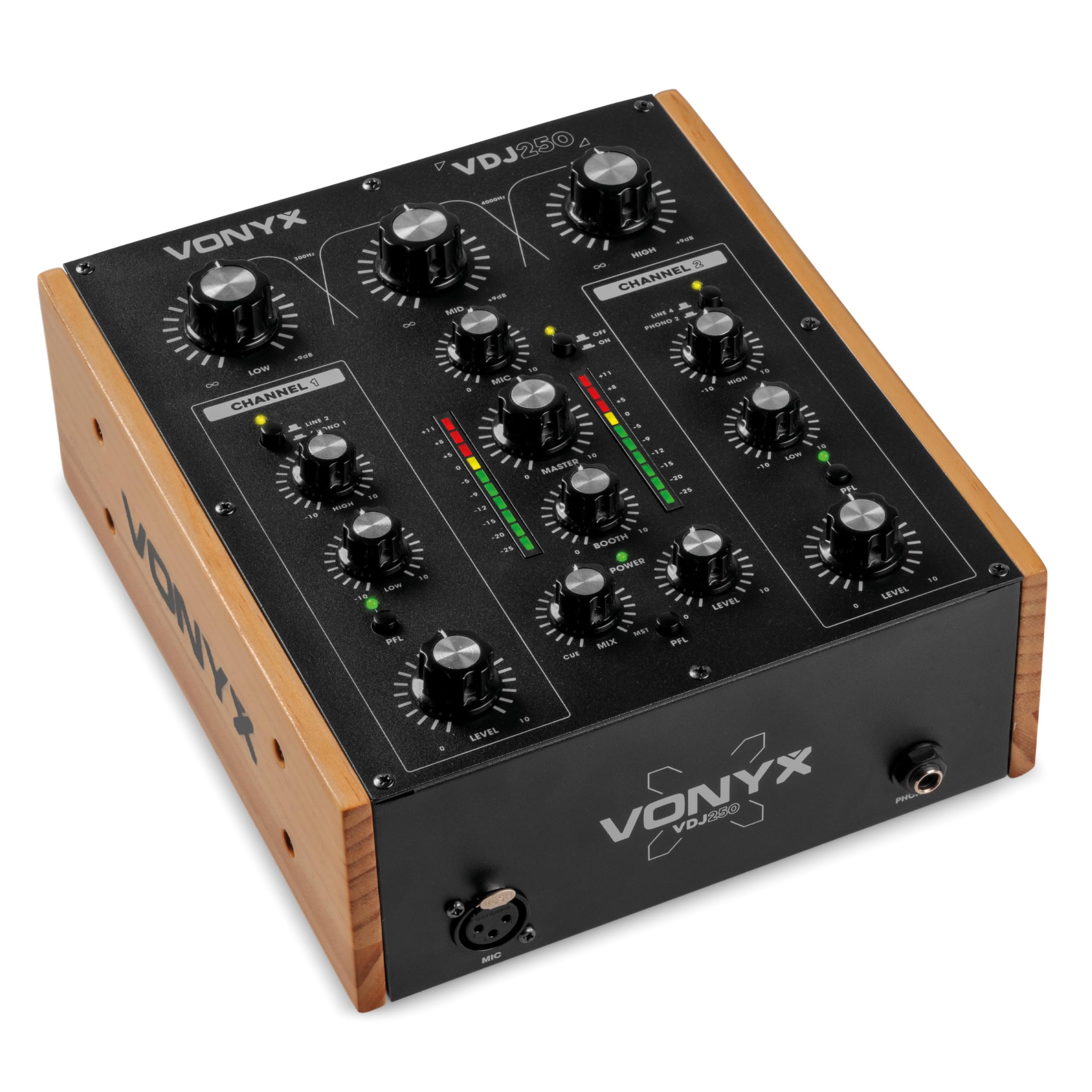 VONYX VDJ250 - Table de Mixage DJ Rotative 2 Canaux avec EQ 2 Bandes, Entrées Phono/Line, Mixer Analogique Compact pour DJ Vinyles & Sources Audio