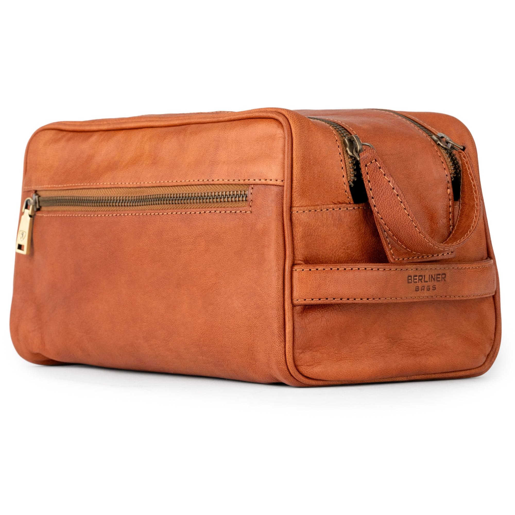 Berliner Bags Tim XL Neceser de Piel Auténtica, Gran Bolso de Aseo con Cremallera YKK, Bolsillos Interior y Exterior, Forro de Algodón y Asa de Mano – Marrón