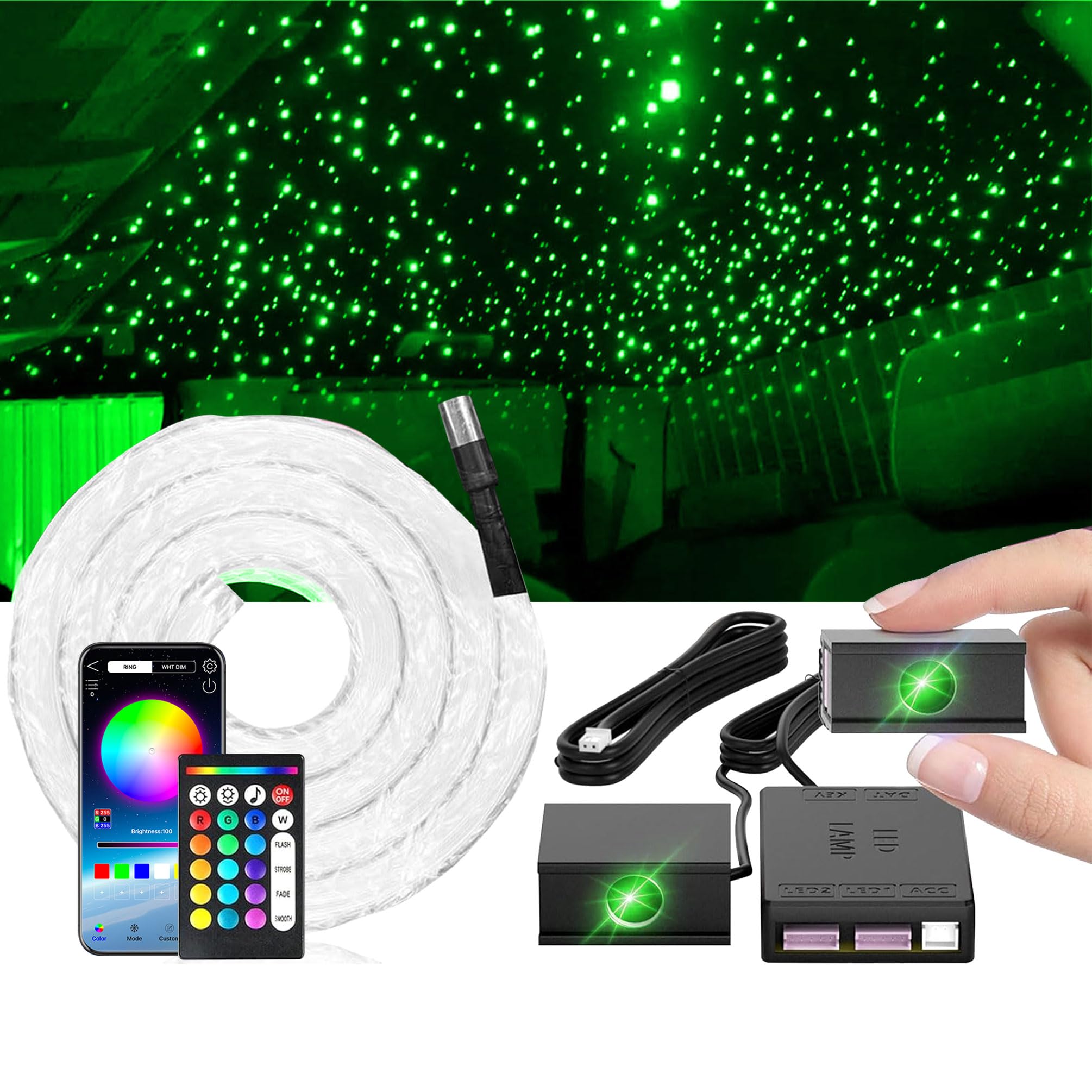 Juego de 800 luces de estrella RGBW de fibra óptica de 0.04 pulgadas y 5 pies para coche con 4 cabezales de luz, mini motor de 16 W, fácil de ocultar, cableado flexible, aplicación/control remoto para