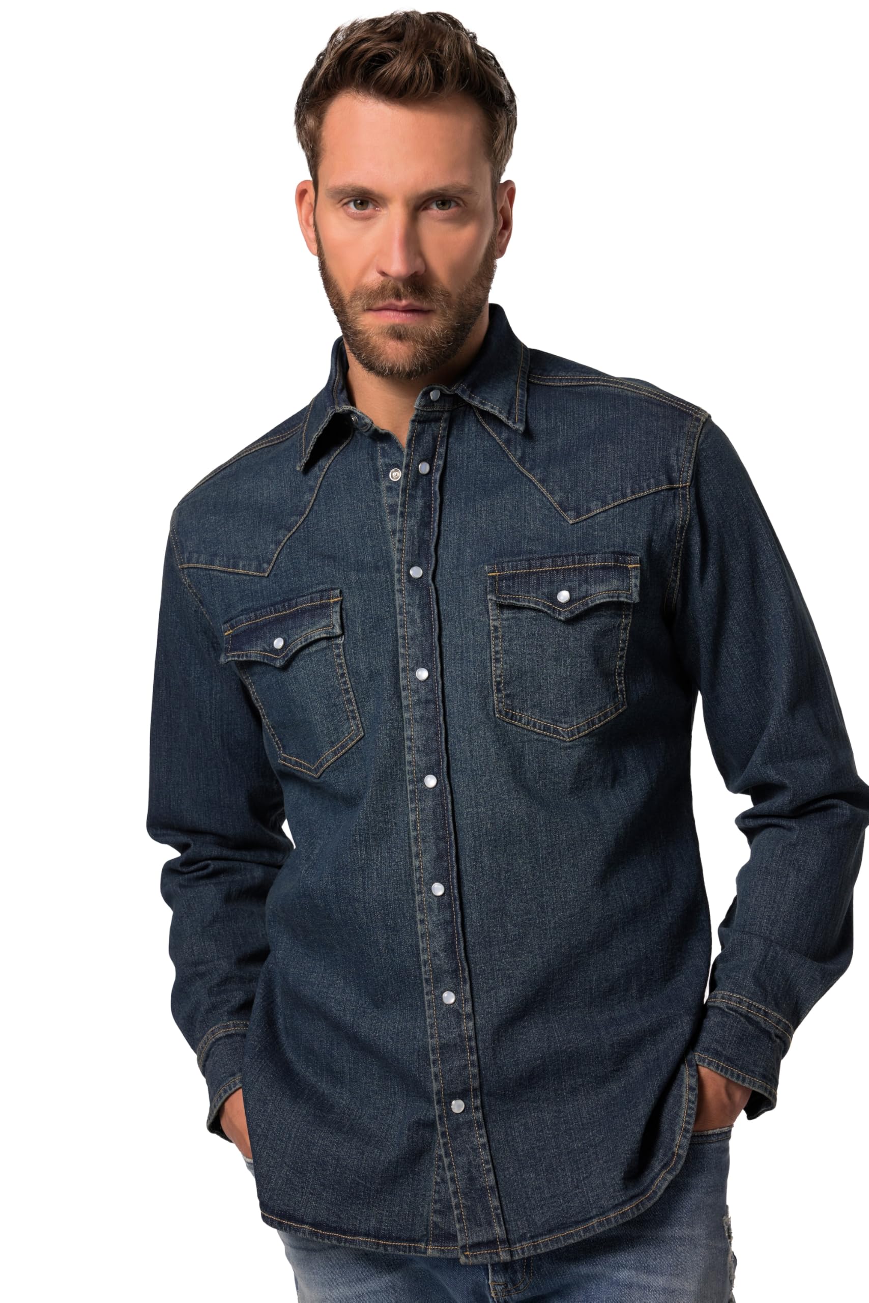 JP 1880 Herren große Größen Übergrößen Menswear L-8XL Jeanshemd, Langarm, Vintage-Look, Kentkragen, Modern Fit 830902