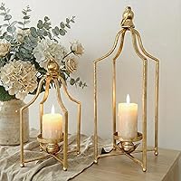 FenisamDecor 12.5" & 16.5" Antique Gold Decorative Candle Lanterns Set of 2 - Handcrafted Iron Farmhouse Mantel Table Holders