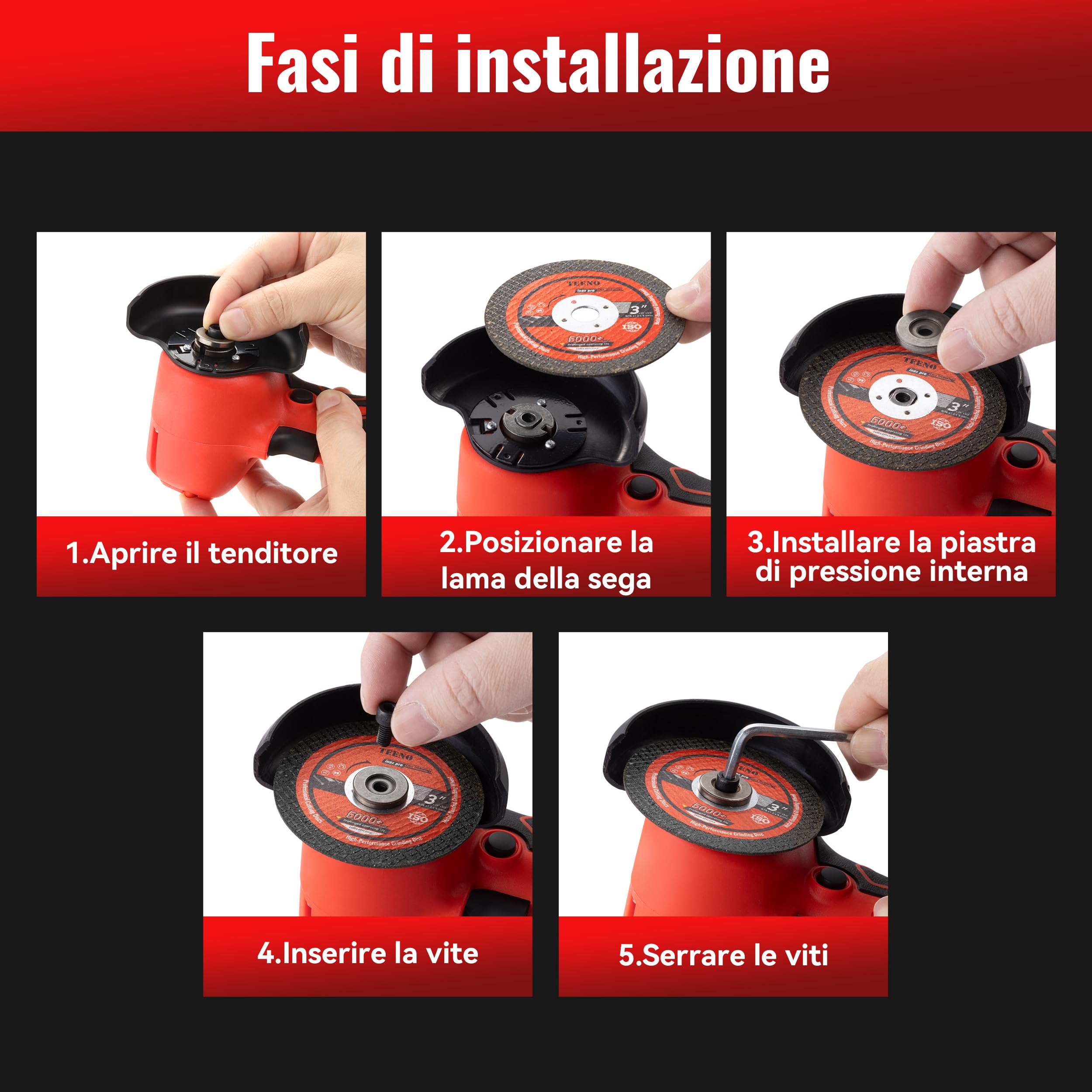 Smerigliatrice Angolare TEENO 19.500 RPM - Smerigliatrice Senza Filo 76mm, Kit Completo con 2 Batterie 2000mAh e 6 Dischi - Per Smerigliatura, Lucidatura, Taglio Professionale