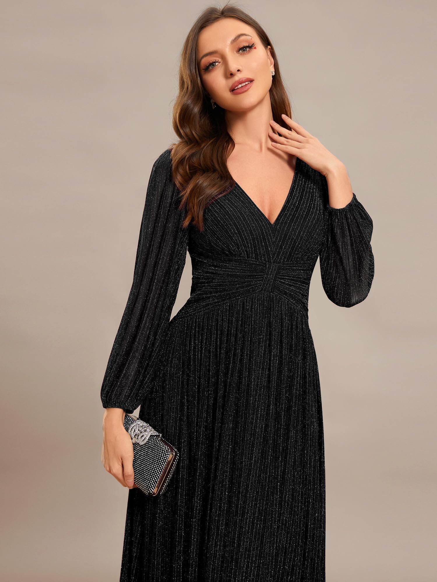 Ever-Pretty Vestido formal de noche para mujer, manga larga, cuello en V, plisado, cintura imperio, longitud hasta el suelo, talla grande