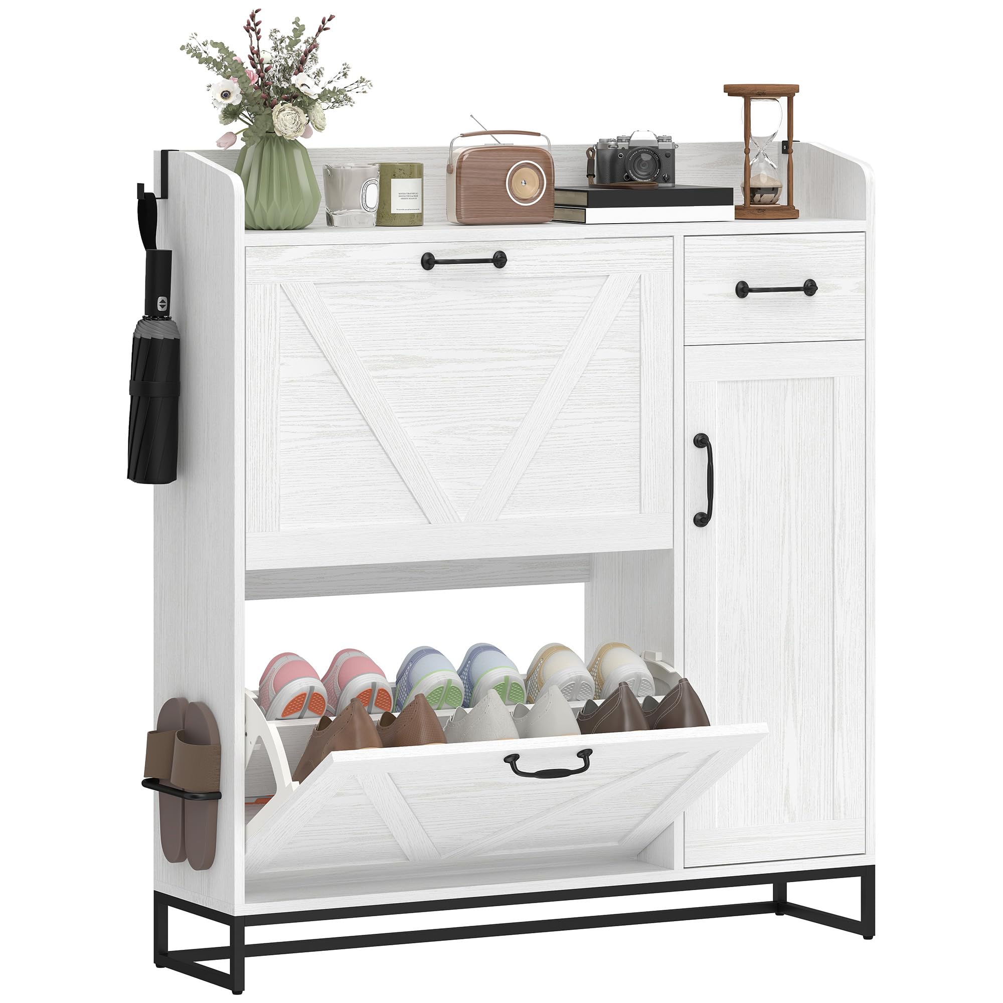 HOMCOM Zapatero Estrecho con 2 Cajones Abatibles 106,7x26x116 cm Blanco | Zapatero Entrada Recibidor Rústico, con Cajón y Estantes Ajustables, para 12 Pares de Zapatos, Espacio Reducido