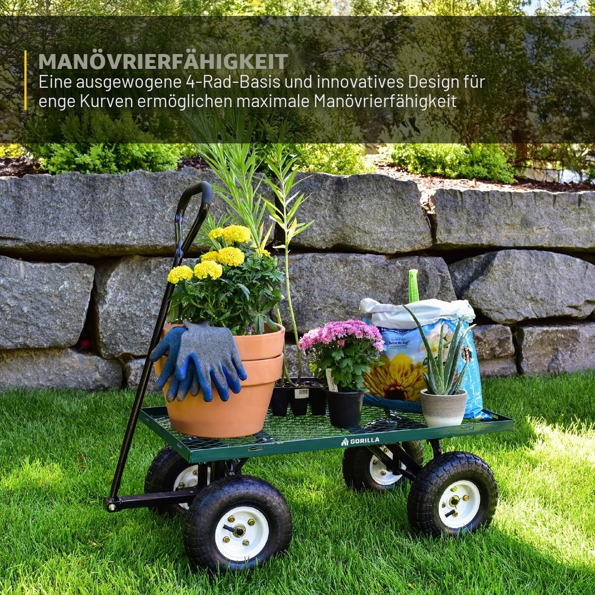 Gorilla Carts Gartenwagen aus Stahl mit abnehmbaren Seiten mit Einer Kapazität von 180 kg, Grün