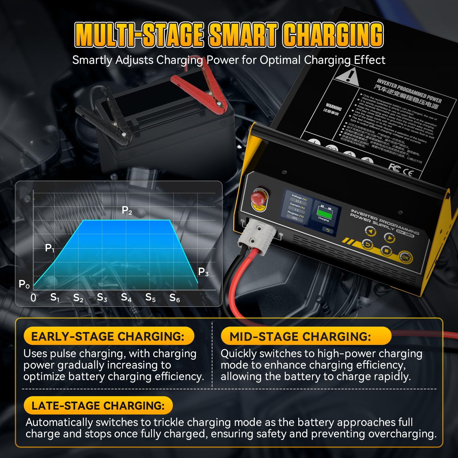 Inversor de potencia automotriz EM385 Programación de ECU y fuente de alimentación de CC de 9-16 V ajustable Programación de potencia, carga rápida, arranque auxiliar y reparación de baterías de litio
