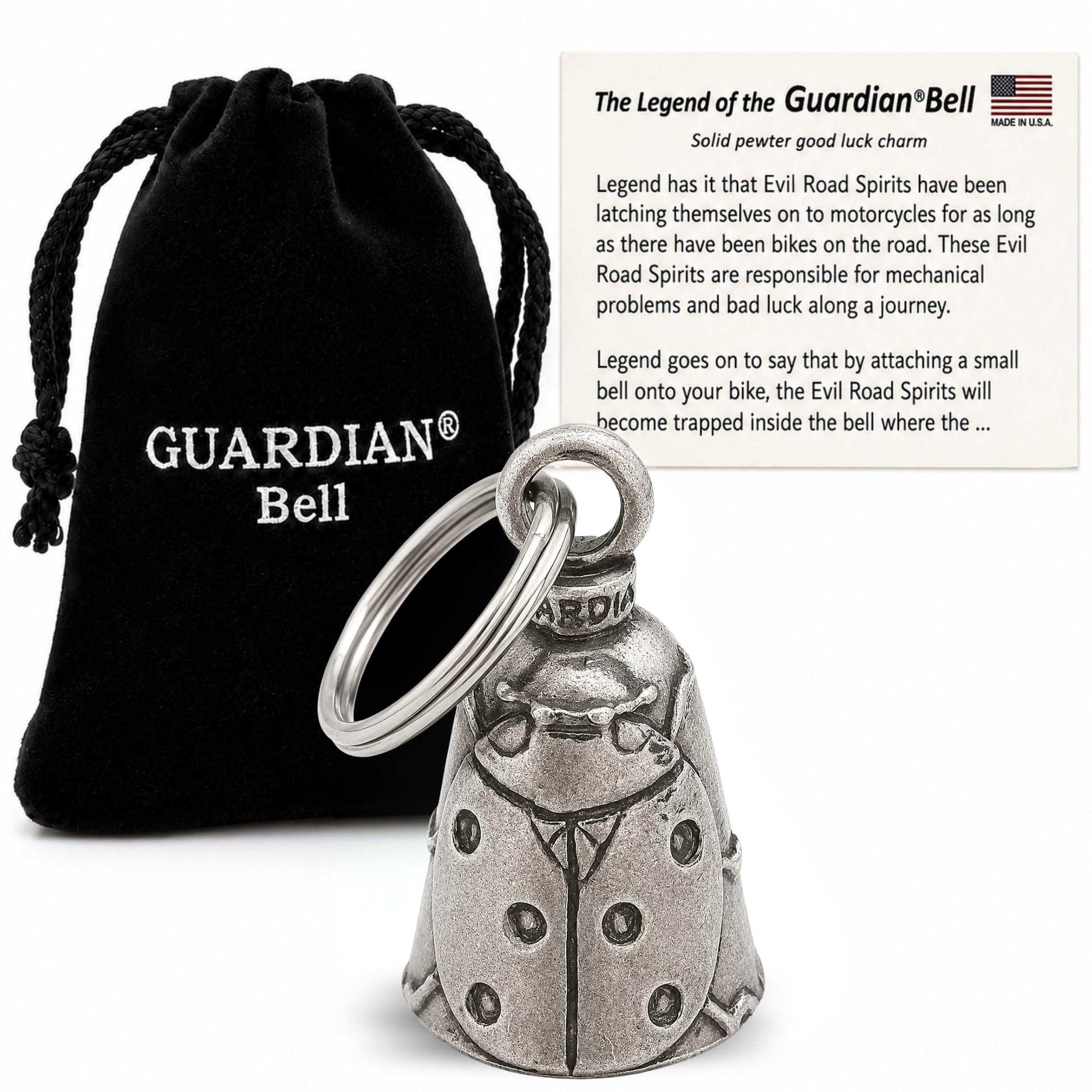 Guardian Bell Ladybug Good Luck Bell w/Keyring &amp; Black Velvet Gift Bag | Motorcycle Bell | Lead-Free Pewter | Good Luck Gift to Friends &amp; Family | Bike Bell | Made in USA