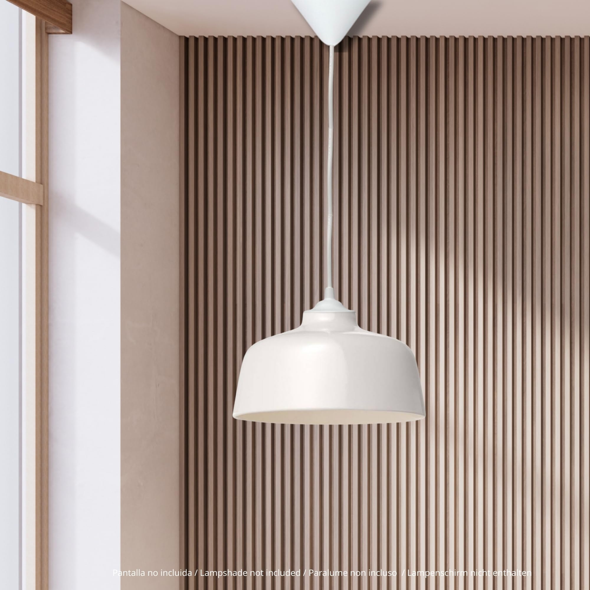 Lámpara Colgante Decorativa Blanca con Florón Cónico de Plástico | Cable PVC 80 cm Flexible | Portalámparas E27 con Camisa Roscada, Tope y Arandela | Ideal para Sala, Comedor, Dormitorio.