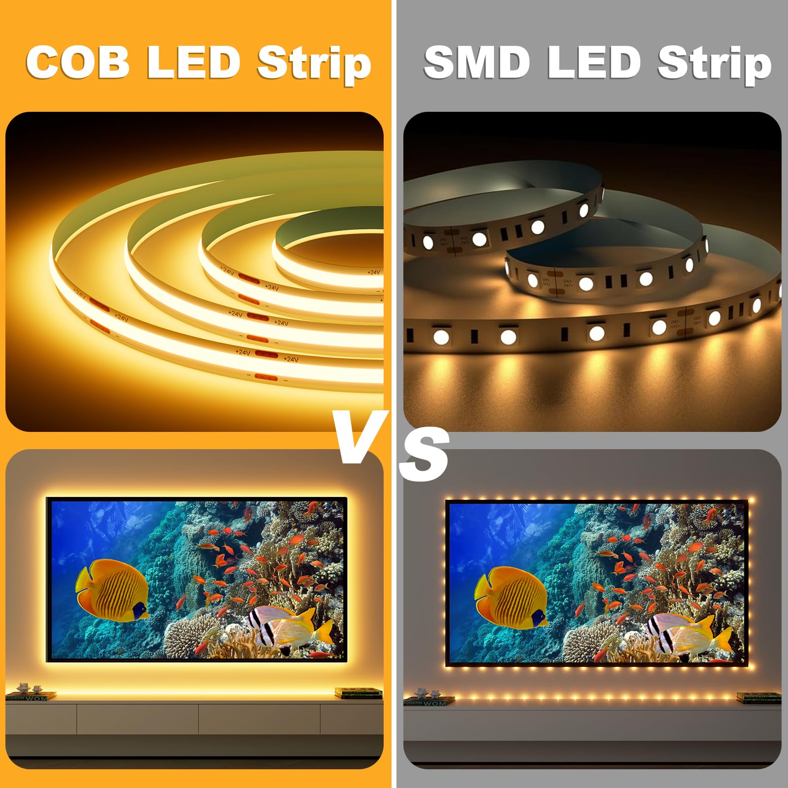 Striscia LED Striscia LED COB 5m, Banda LED 2700K Bianco Caldo Dimmerabile con Telecomando, Striscia LED Autoadesiva 24V, 36W Illuminazione TV LED Molto Luminosa per Cucina, Soggiorno, Scale