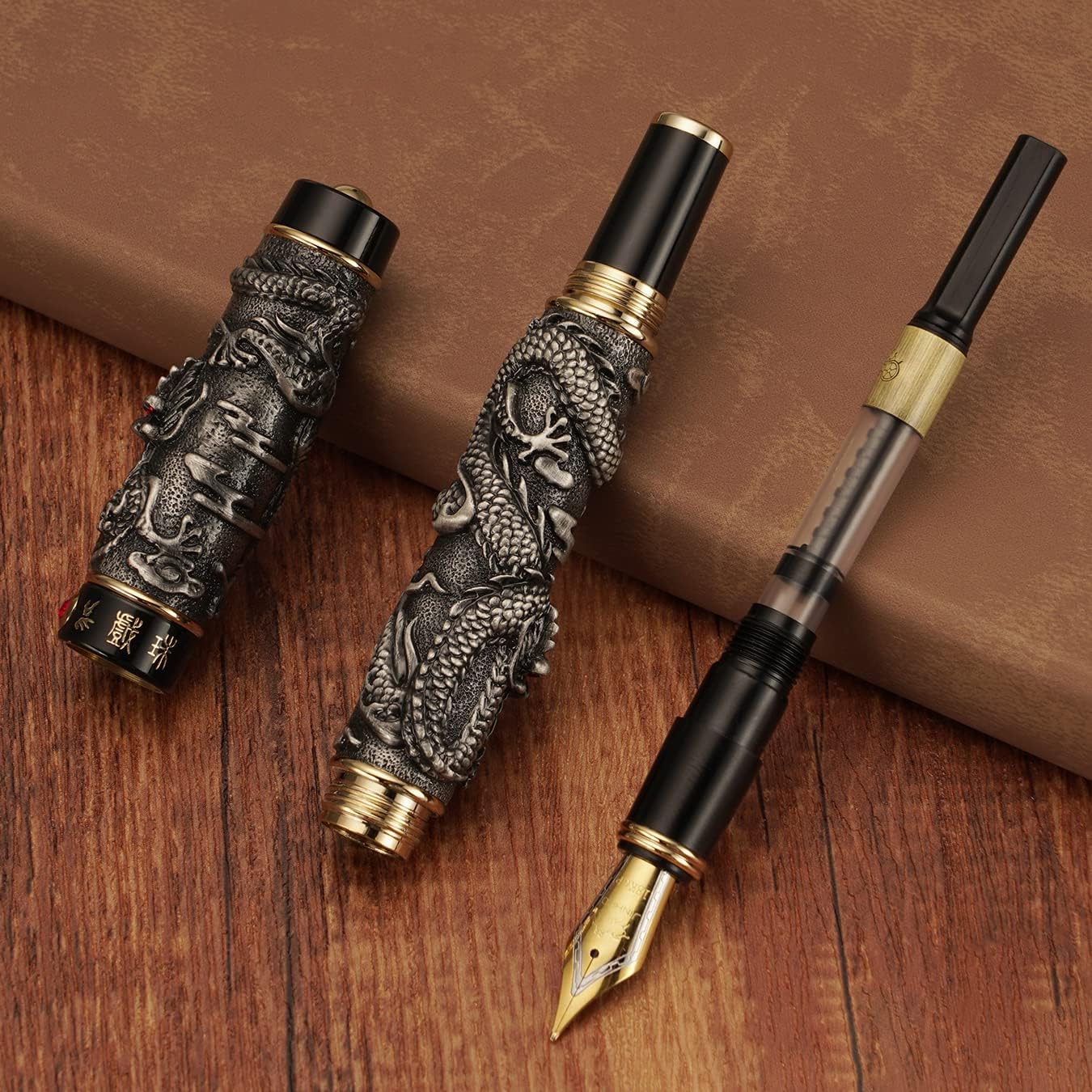 Gray Jinhao Vintage Luxury Dragon Fountain Pen Playing Pearl, Extra Fine Nib 0.38mm Metal Carving Embossed Heavy Pen