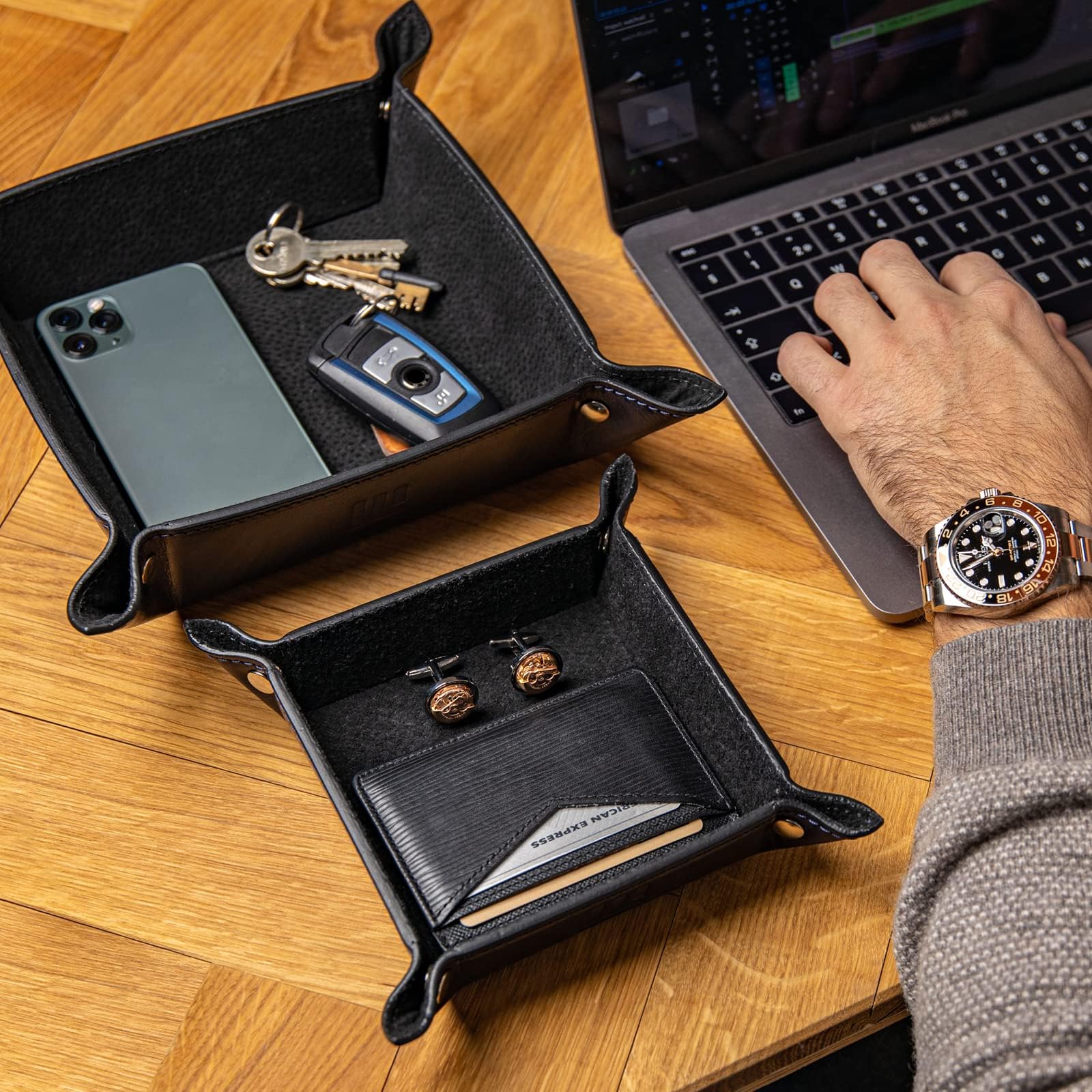 Vassoio Portaoggetti Pelle Svuotatasche Design Moderno Nero Svuotatasche Ingresso con Chiusura a Bottoni per Chiavi Monete Guarda Portafoglio Gioielli