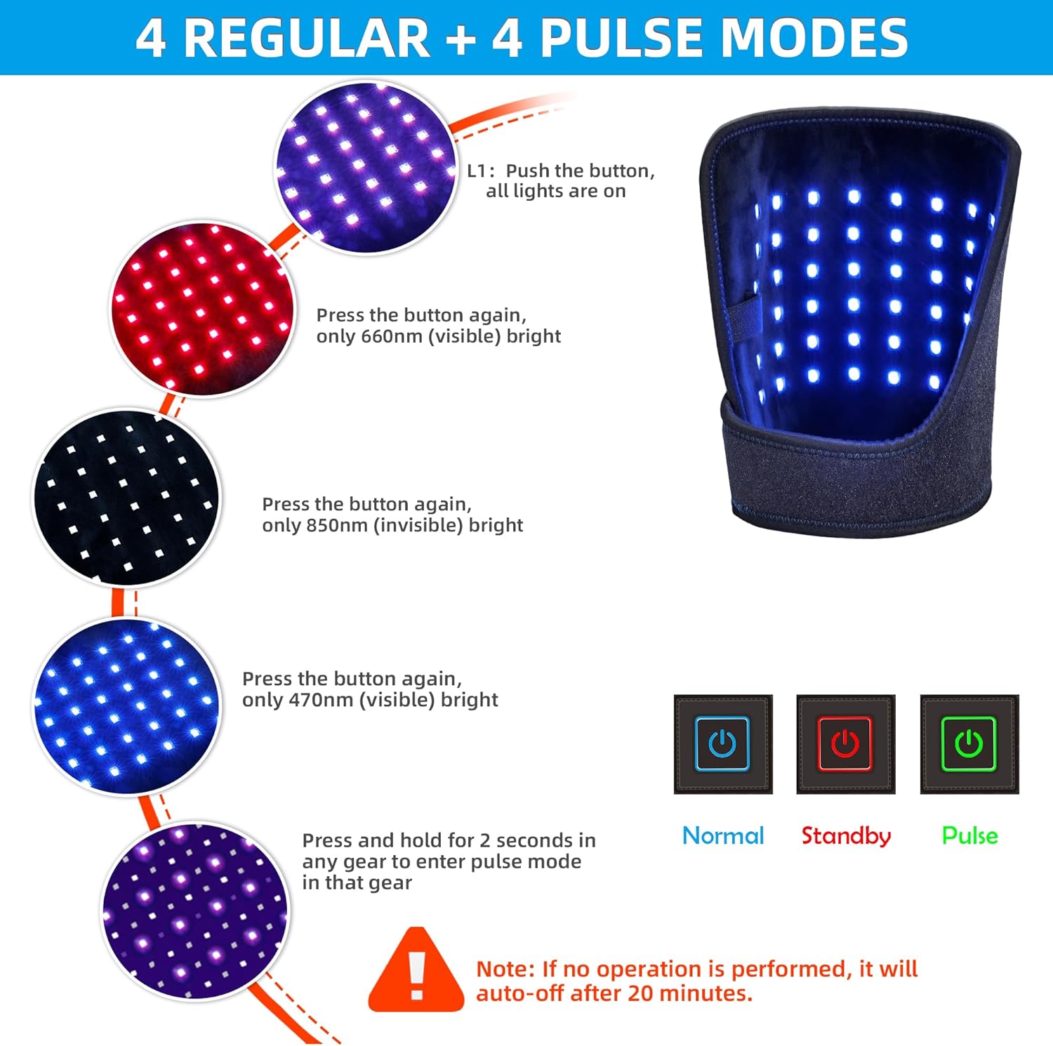 UTK Blue & Red Light Therapy for Body, Near Infrared Light Therapy Wrap Pad, 8" X 13" Red Light Therapy Device with Pulse for Muscle Pain Relief, Improves Mood, Timer Function & Flexible Strap - Image 7