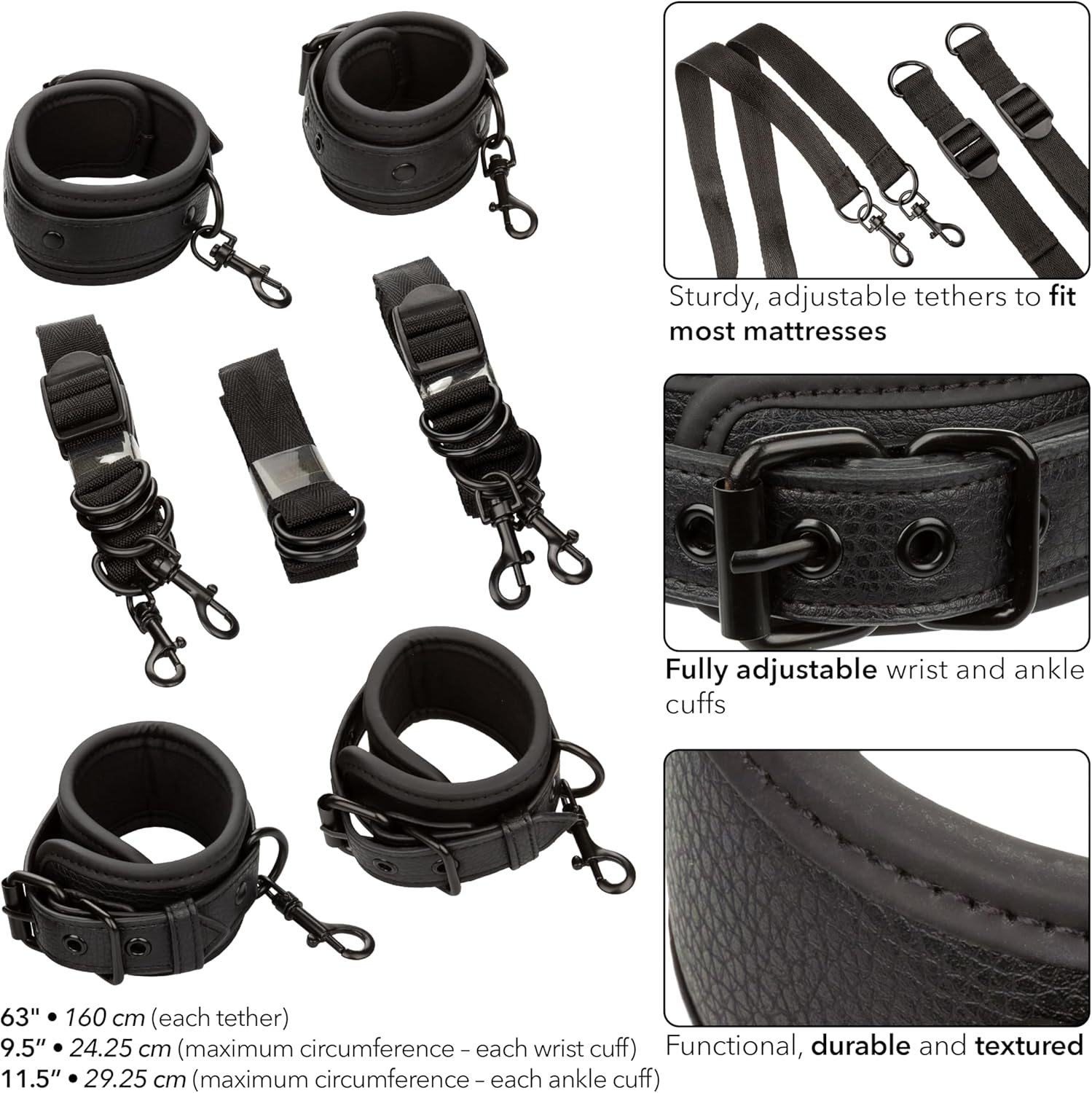 CalExotics Nocturnal Collection Bed Restraints, 4 Fully Adjustable Cuffs and 4 Tethers, Perfect Bondage Gear & Accessories and BDSM Toys - SE-2678-30-3