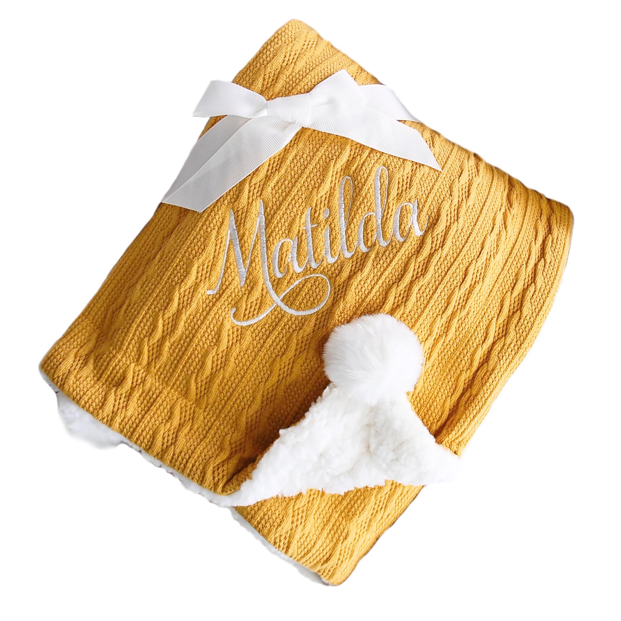 inspired creative design Personalised Baby Blanket, New Born Baby Gift, Personalised Blanket, Baby Girl Gift, Baby Boys Gifts, New Born Baby Gift, Sherpa Blanket with pom poms (Mustard)