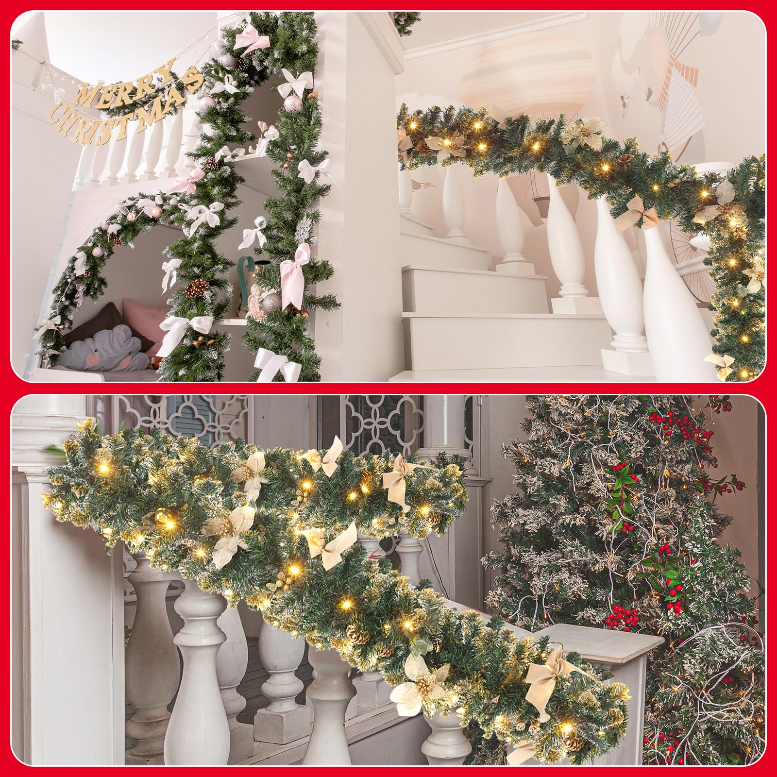 Ceenna Lot de 2 guirlandes de Noël artificielles pré-éclairées de 1,8 m avec lumières - Guirlande de Noël avec baies de pin - Décoration de cheminée pour cheminée - Pour intérieur et extérieur - Pomme