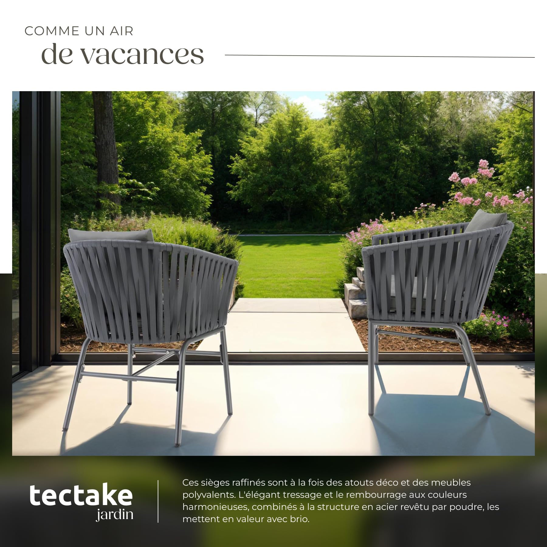 tectake® Lot de 2 Fauteuil Salon Chaise de Jardin avec Accoudoirs pour Salon de Jardin Exterieur ou Intérieur en Acier laqué époxy, Coussins Inclus Mobilier pour Amenagement Balcon Terrasse