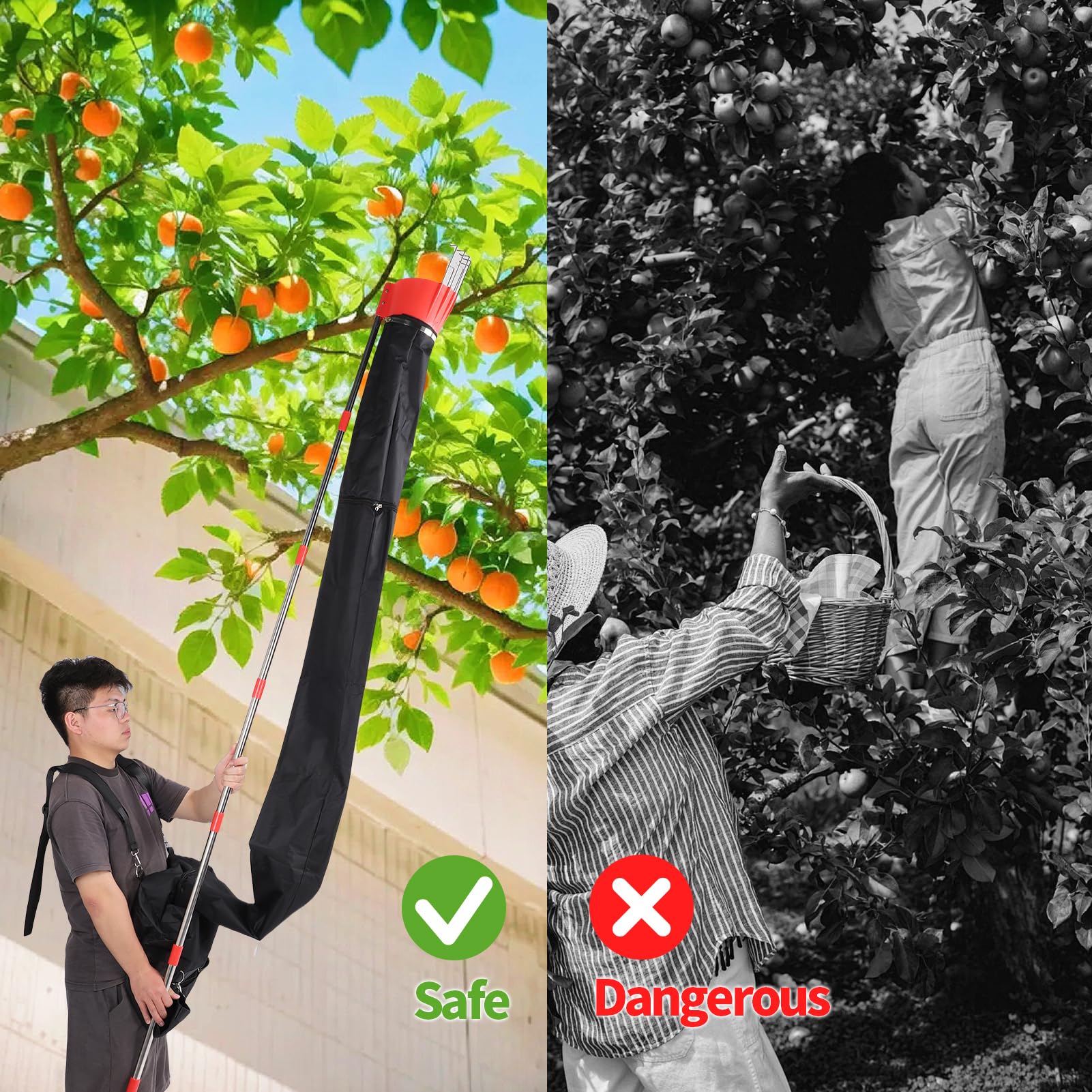 Wakects Recolector de Frutas con Mango Telescópico, Recogedor de Manzanas con Bolsa Embudo, para Cosechar Manzanas, Cítricos, Peras, Cerezas
