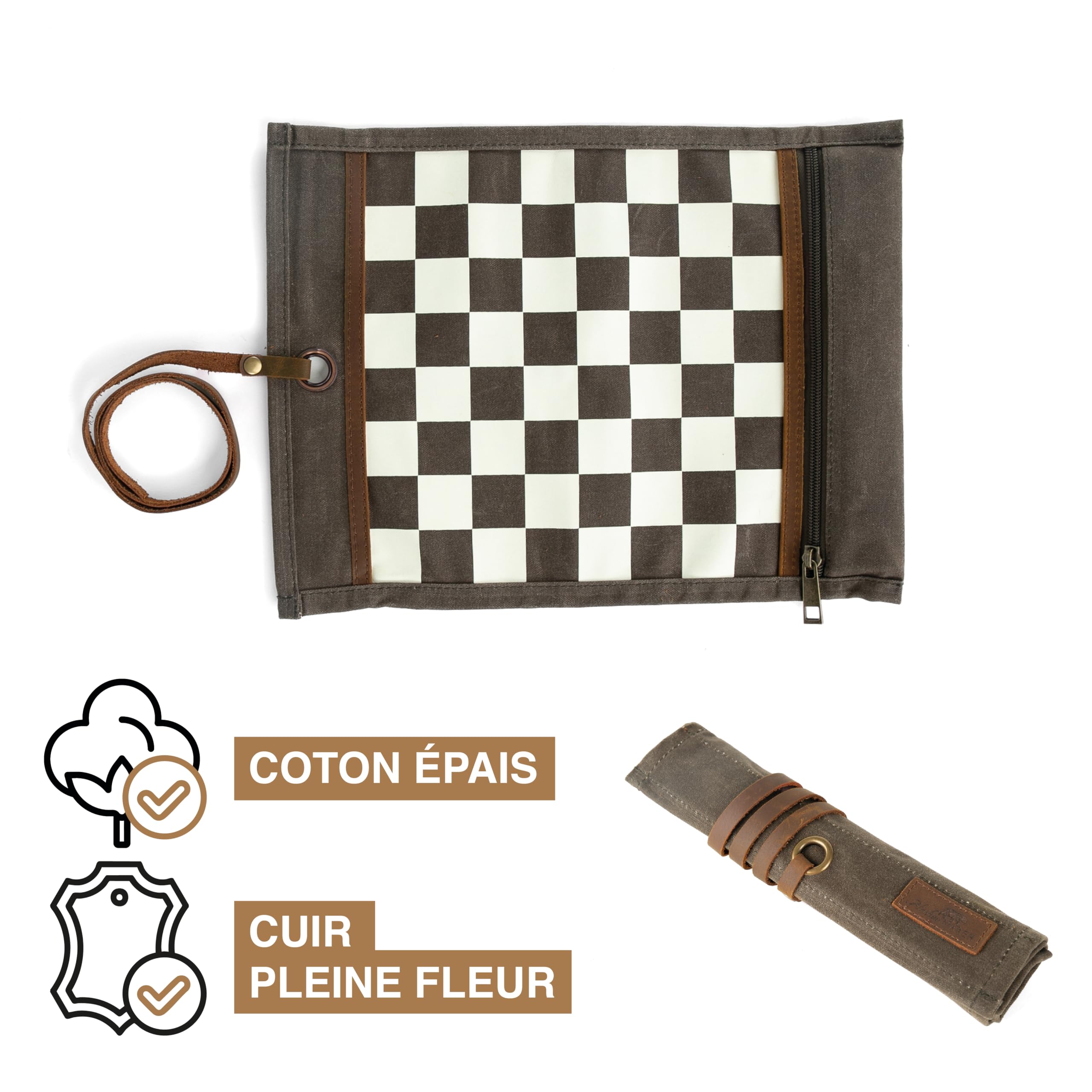Alaskan MAKER - Jeu d'Échecs & Dames 2 en 1 - Tapis en Toile Waxée Enroulable - Pions en Bois - Lanière en Cuir Pleine Fleur - Idéal pour Voyager & Jouer Partout (Kaki)