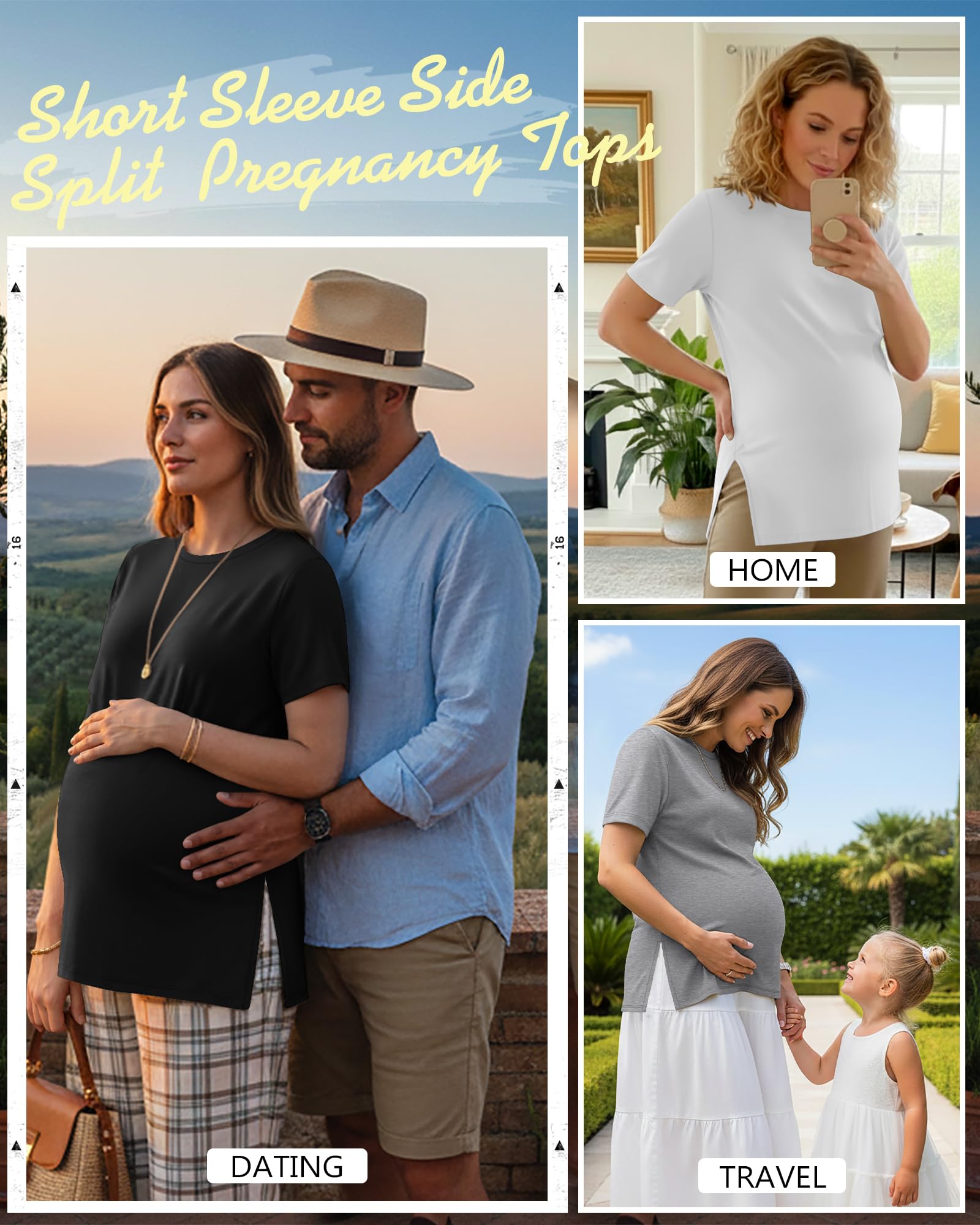 Ficerd, Confezione da 3 Magliette Premaman da Donna, Manica Corta, Spacchi Laterali, Casual, Girocollo, per Gravidanza