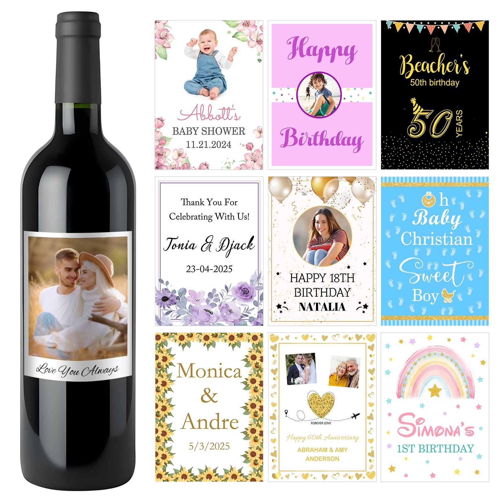 Wine Labels for Bottles Personalized Photo Text Custom Gift for Wedding Birthday Anniversary Retirement Graduation Party