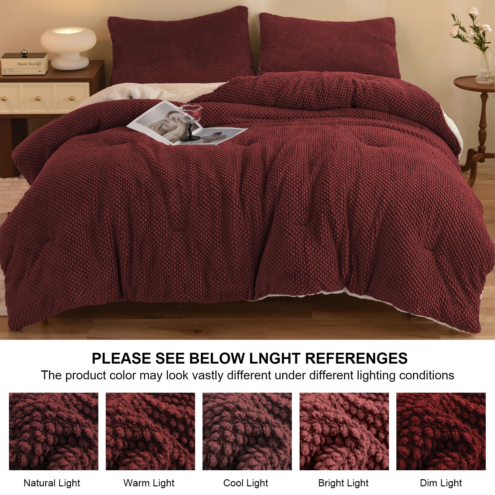 LLanCL 3D-Jacquard-Design, ultraweich, warm, Sherpa-Fell, Plüsch, 2-teilig, luxuriös, gemütlich, mit 1 Kissenbezug (172,7 x 228,6 cm, Burgunderrot)