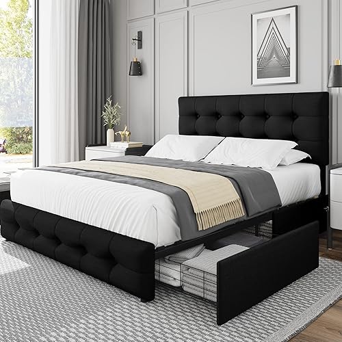 Base de cama de tamaño matrimonial con 4 cajones de almacenamiento y cabecera ajustable, plataforma tapizada con diseño capitoné, soporte de disponible en Yaxa Colombia