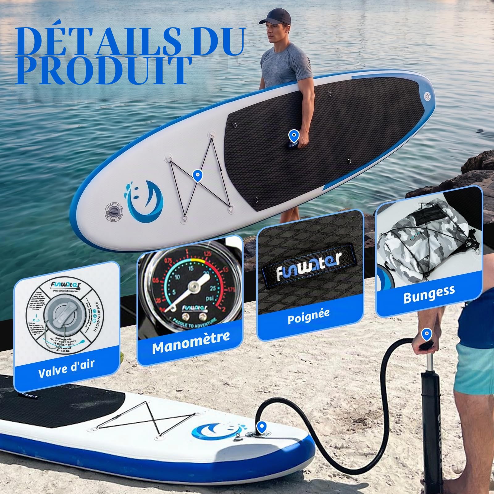 FunWater Planche Sup Gonflable Tous Niveaux Idéale Débutants et Famille Plateforme Anti Dérapante EVA Pack Complet avec Pagaie Réglable Pompe et Accessoires