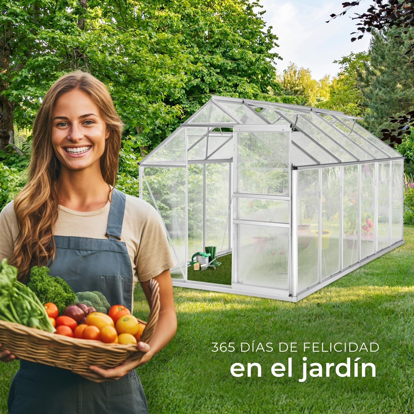 tectake Invernadero de Jardín de Aluminio y Policarbonato, Caseta Jardín Exterior 375x185x195, Vivero Huerto Casero 6,93m³, Invernadero Terraza para Cultivo de Plantas, con Base