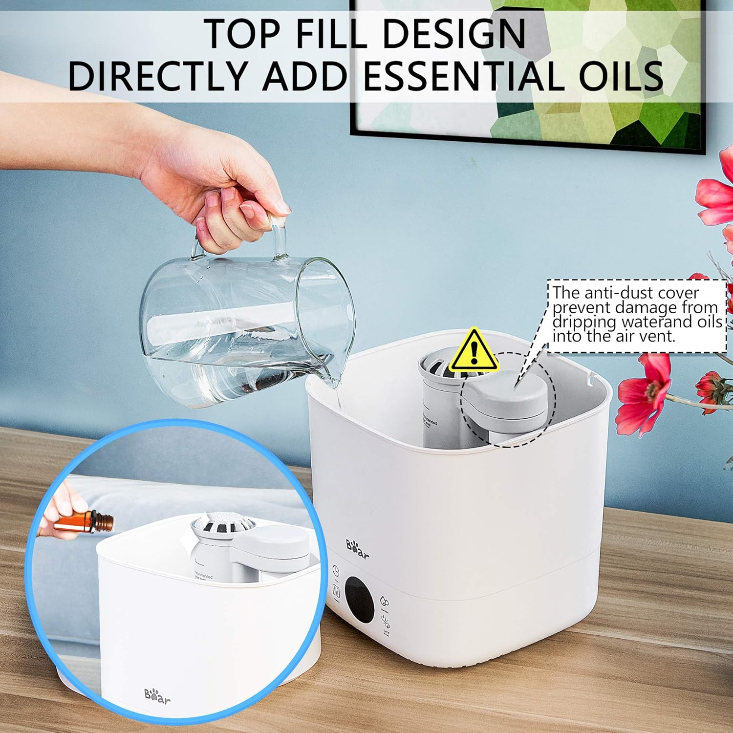 Cool Mist Humidifier, 4L Humidifiers for Bedroom, Small Air Humidifiers with Adjustable Mist Output, Top Fill Warm Mist Humidifiers for Plants Large Room Baby with Auto Shut-off, 24 Hours, LED Display