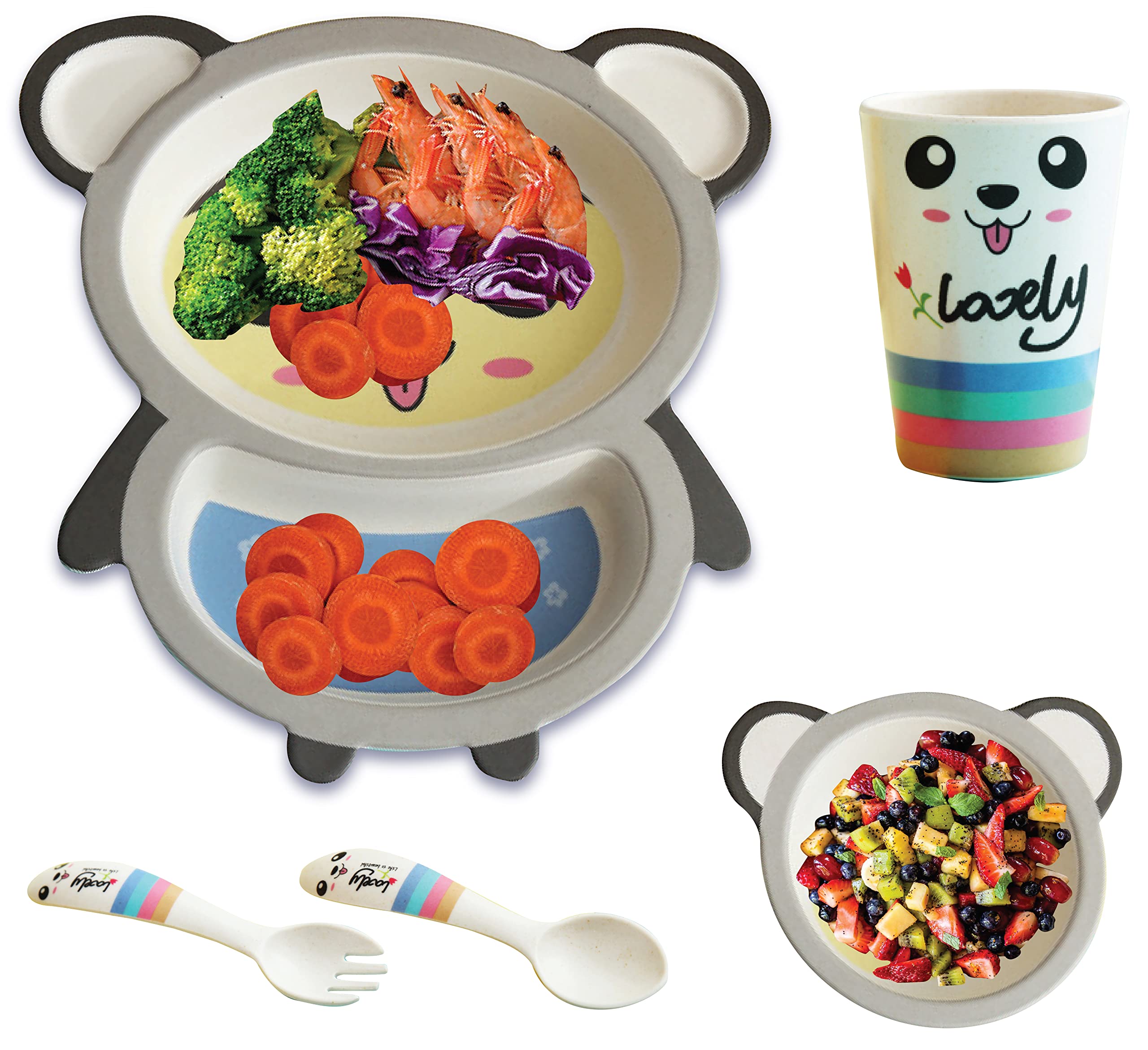 BABYHOP Bamboo Fiber 5-Piece Dinner Set (Black) for Kids, Toddlers with Plate, Bowl, Glass, Fork, Spoon |BPA Free, Eco Friendly, Reusable Crockery