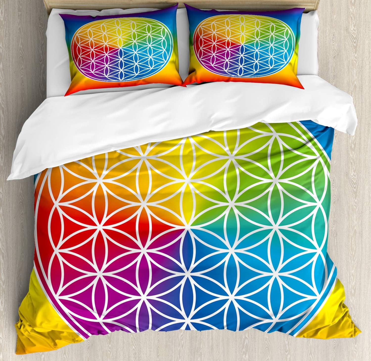 Ambesonne Hippie Duvet Cover Set, Abstract Peace Flower Youth Rainbow Toned Lifestyle Design Colorful Print, Decorative 3 Piece Bedding Set with 2 Pillow Shams, Queen Size, Green Purple Queen Green Purple