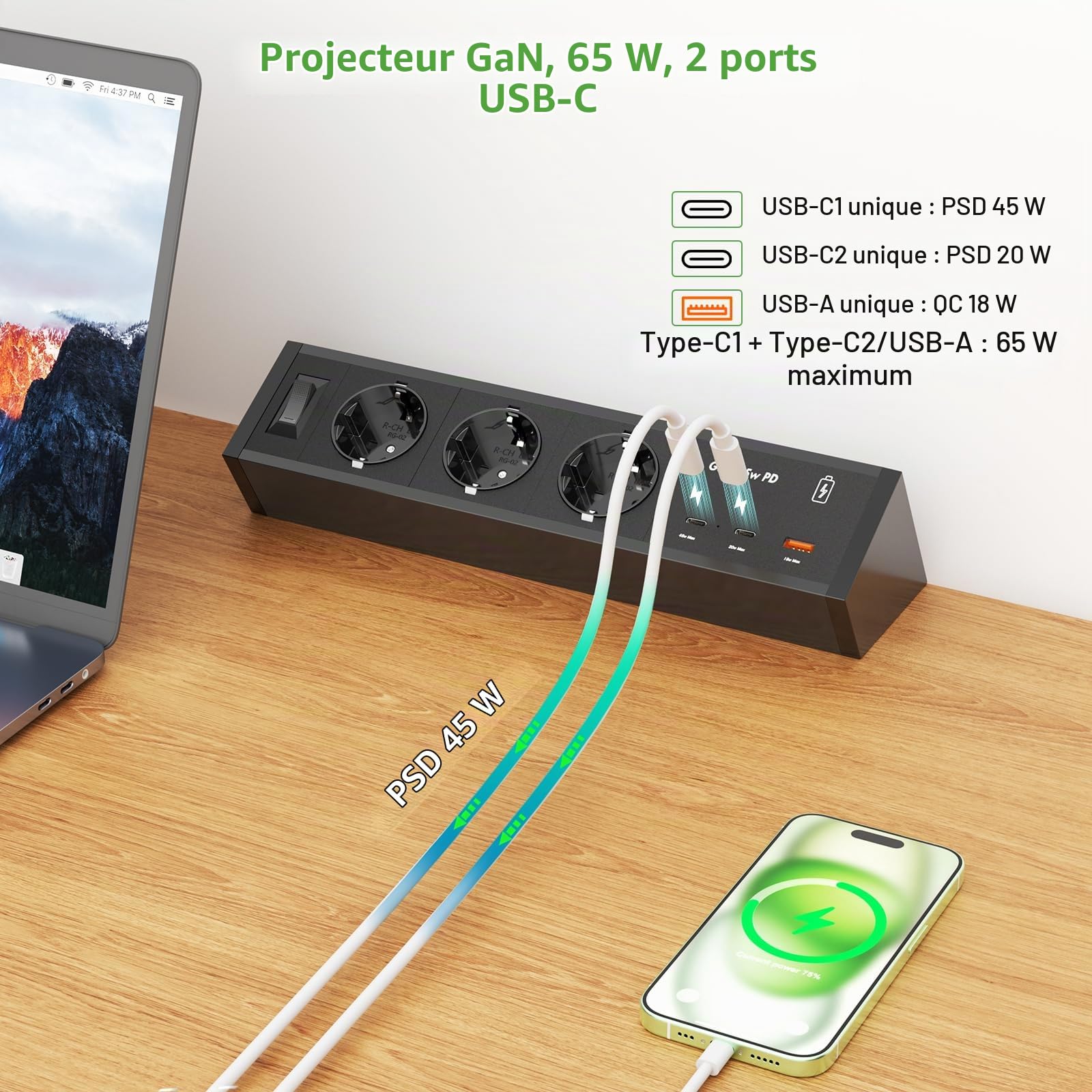 Prise de Table avec 2 USB C GaN 65W, Prise Multiple avec Interrupteur, Multiprise de Table Bureau pour Bureau à Domicile, Câble 3 m